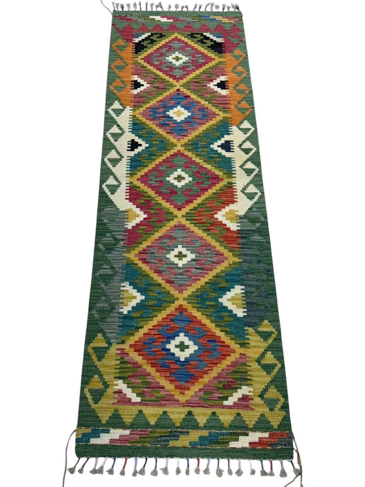 Afghan Kilim Runner 2x6, Green, Orange & Pink, Hand-Woven Wool Flatweave, view 2
