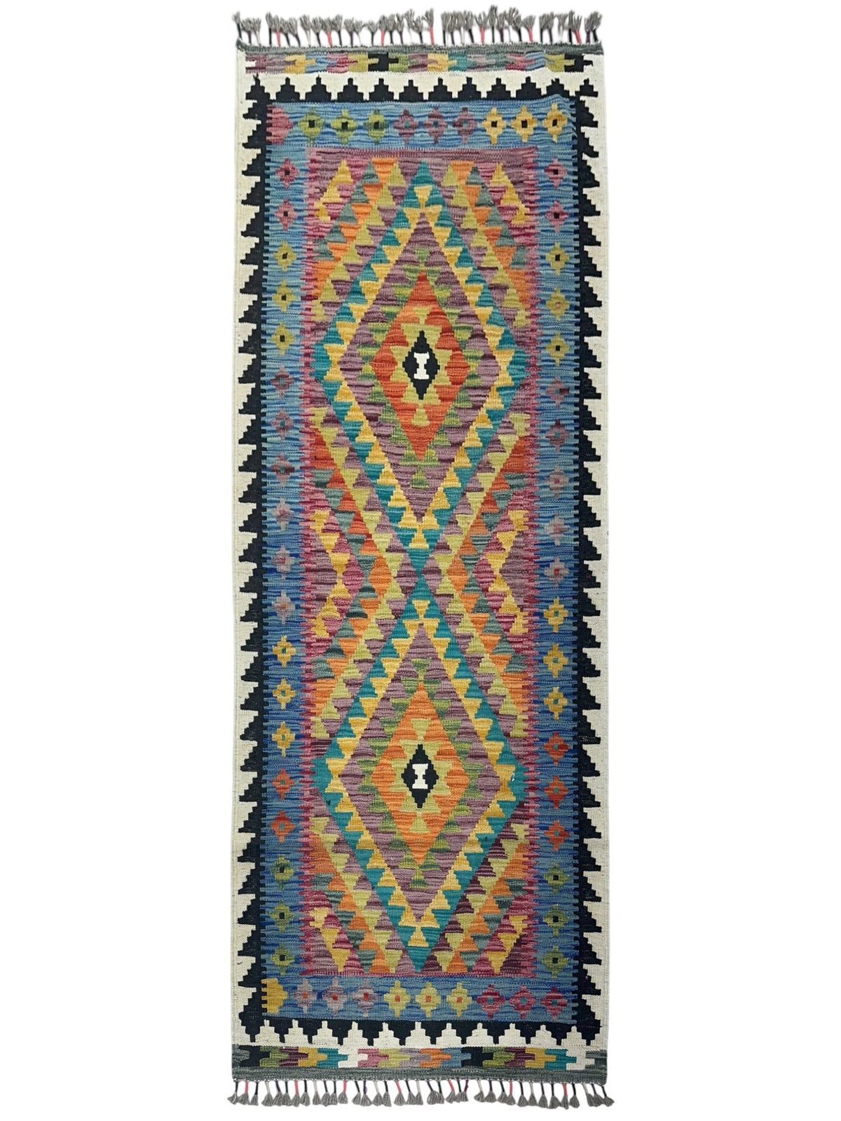 Afghan Kilim Runner 3x6, Blue, Orange & Gold, Hand-Woven Wool Flatweave