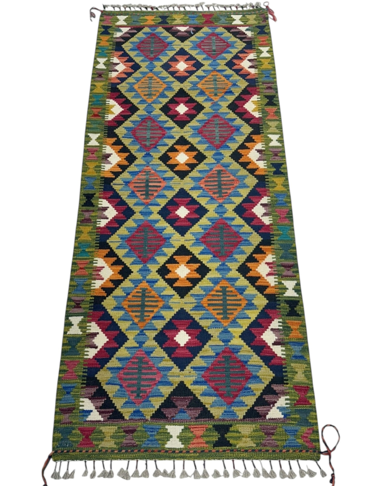 Afghan Kilim Runner 3x6, Olive Green, Black & Pink, Diamond Lattice Wool Flatweave, view 2