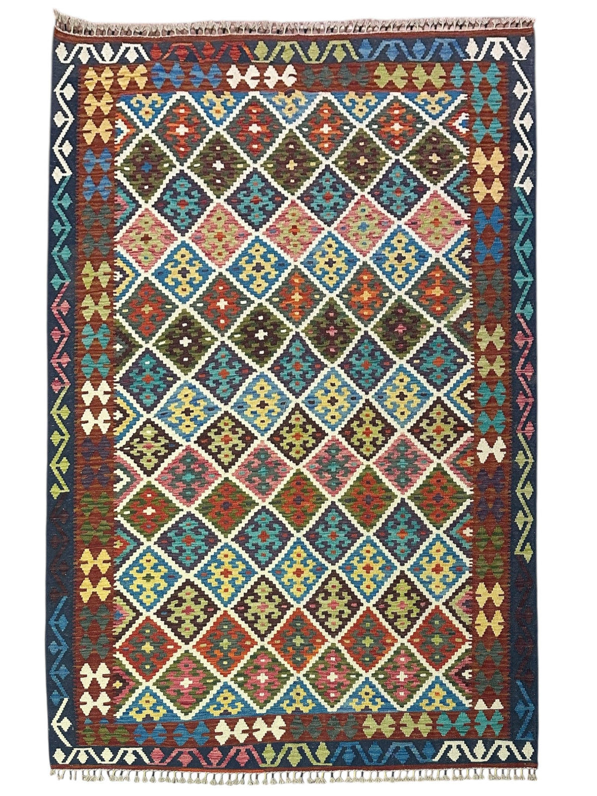 Afghan Kilim Rug 6x8, Rust, Navy & Ivory, Hand-Woven Wool Flatweave