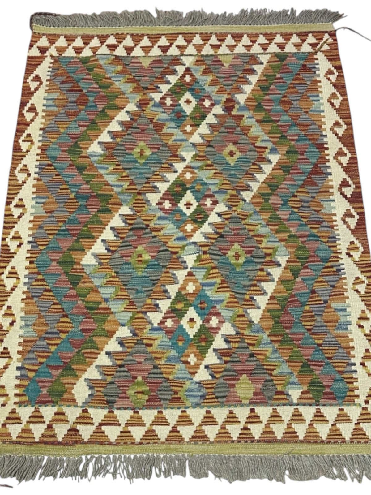 Afghan Kilim Rug 3x4, Rust, Ivory & Olive Green, Hand-Woven Wool Flatweave, view 2