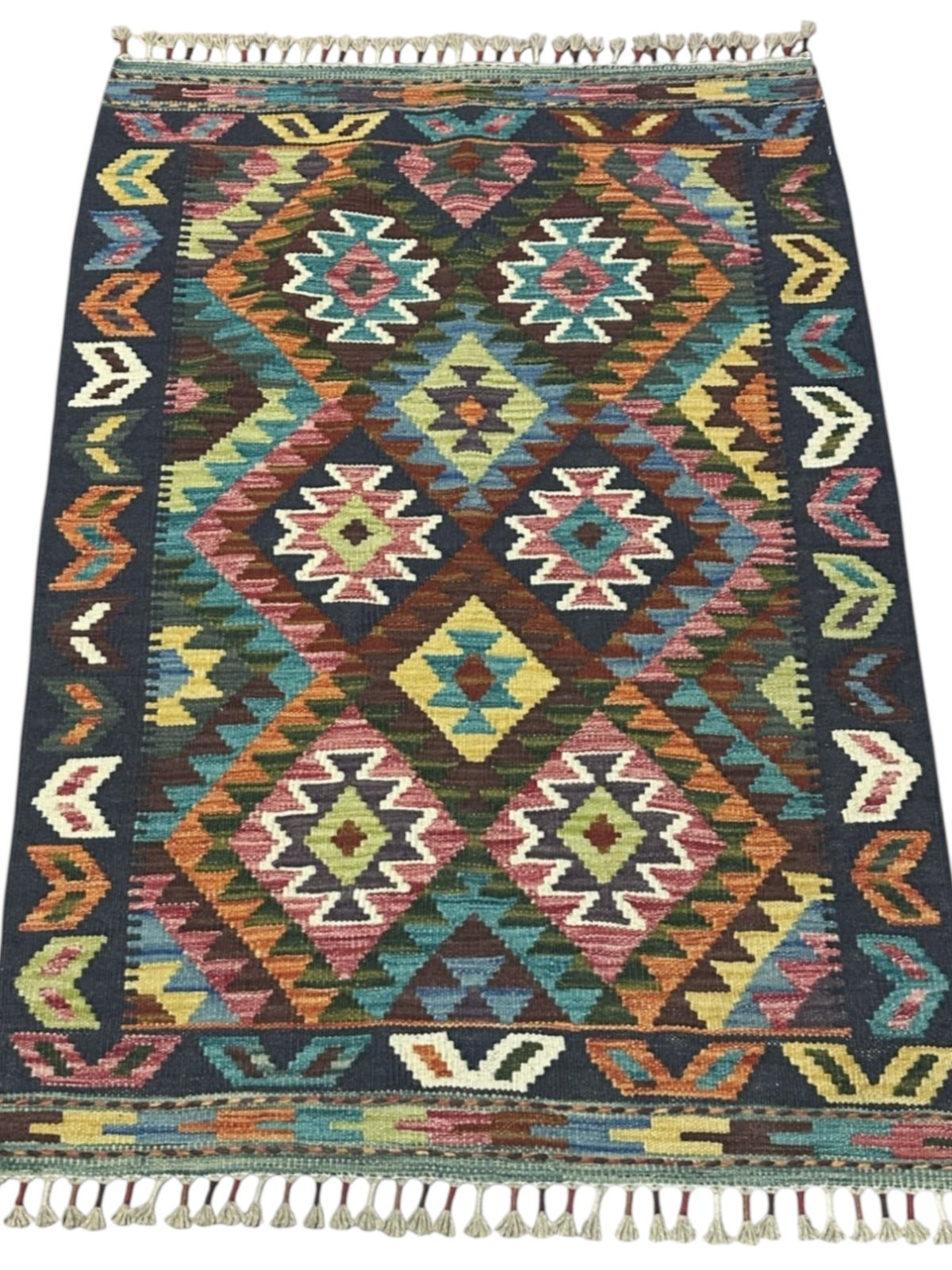 Afghan Kilim Rug 3x4, Navy, Rust & Teal, Diamond Lattice Wool Flatweave, view 2