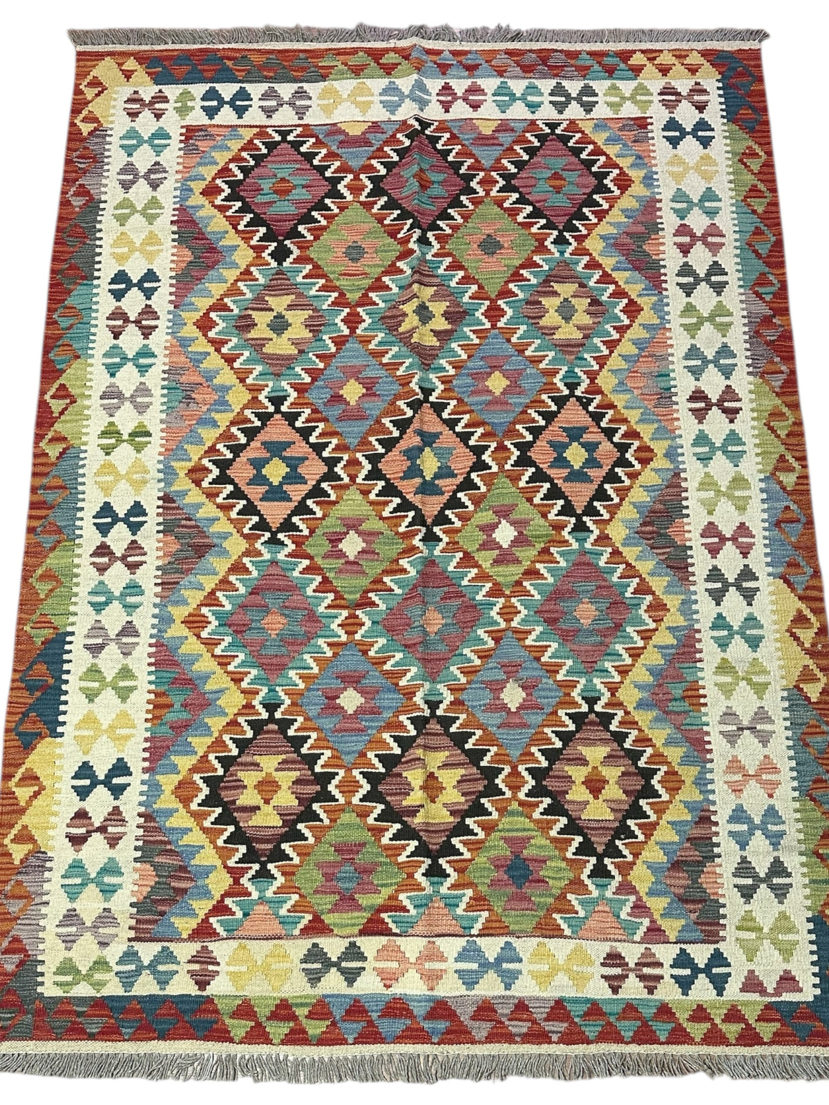 Afghan Kilim Rug 5x7, Rust, Ivory & Navy, Hand-Woven Wool Flatweave, view 2