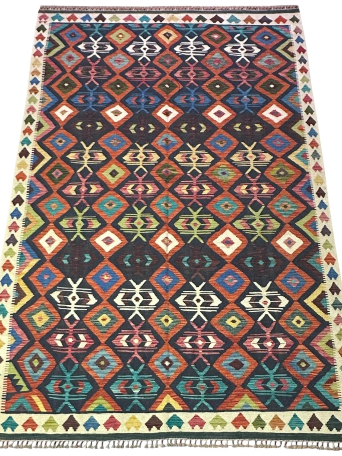 Afghan Kilim Rug 6x10, Navy, Rust & Ivory, Hand-Woven Wool Flatweave, view 2
