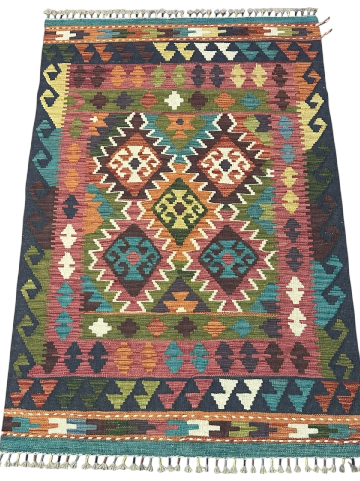 Afghan Kilim Rug 3x5, Navy, Rust & Teal, Hand-Woven Wool Flatweave, view 2