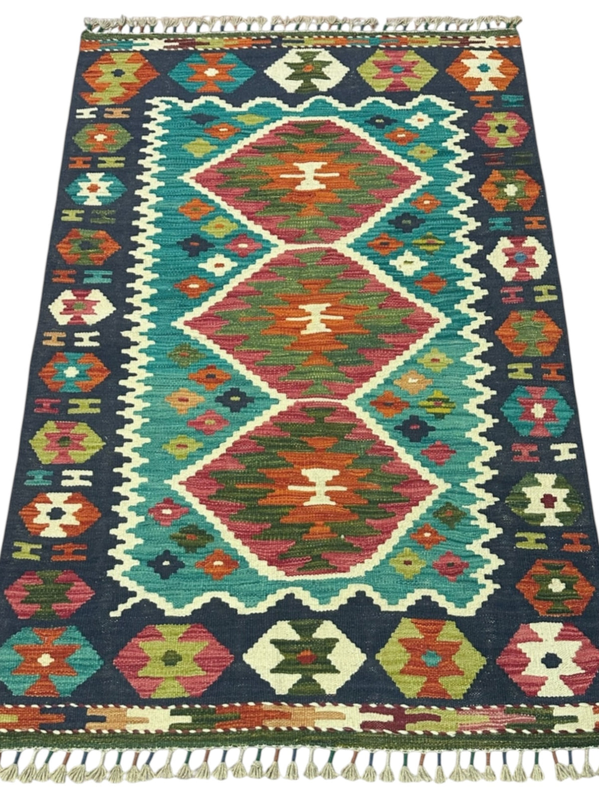 Afghan Kilim Rug 3x5, Navy, Teal & Rust, Hand-Woven Wool Flatweave, view 2