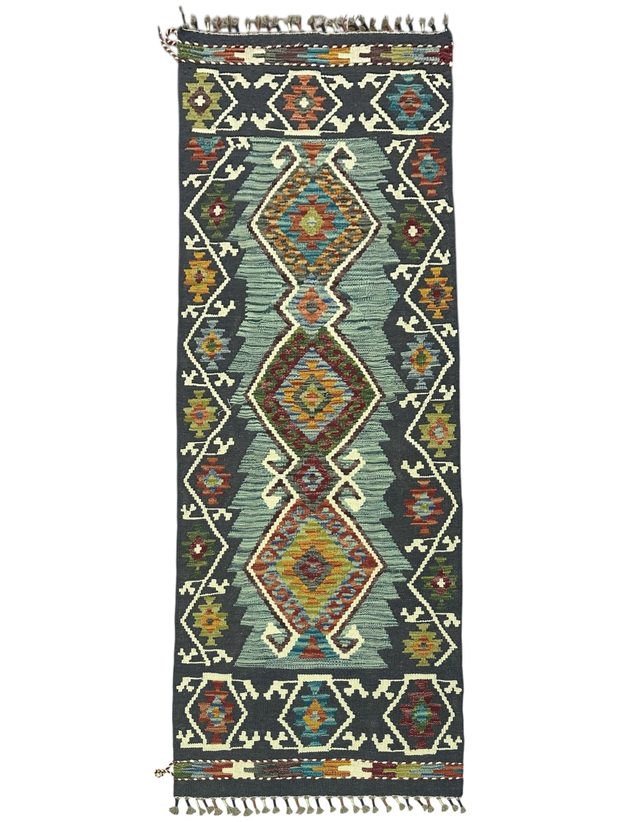 Afghan Kilim Runner 3x6, Navy, Teal & Rust, Hand-Woven Wool Flatweave