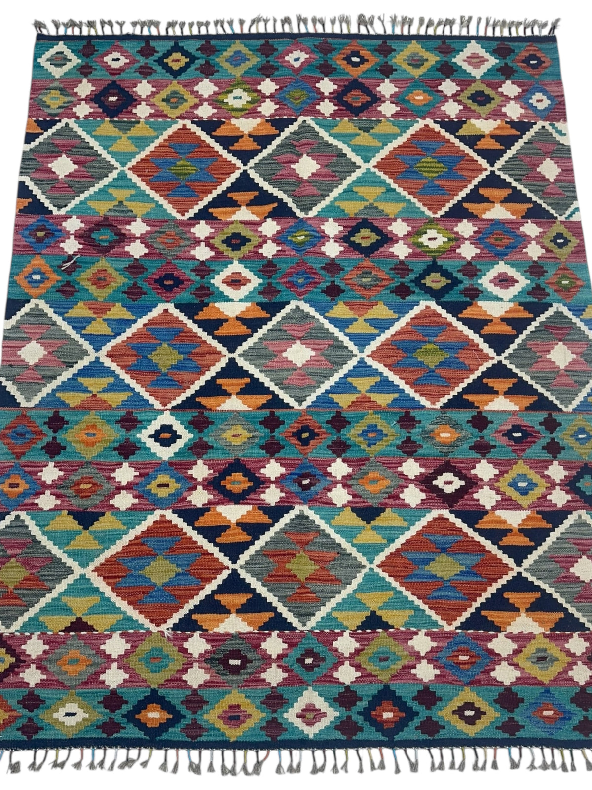 Afghan Kilim Rug 5x6, Navy, Teal & Rust, Hand-Woven Wool Flatweave, view 2