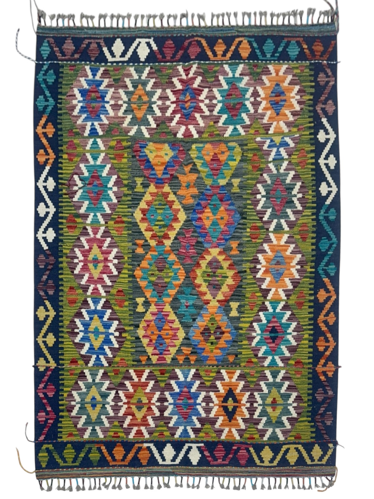 Afghan Kilim Rug 4x6, Olive Green, Navy & Pink, Hand-Woven Wool Flatweave