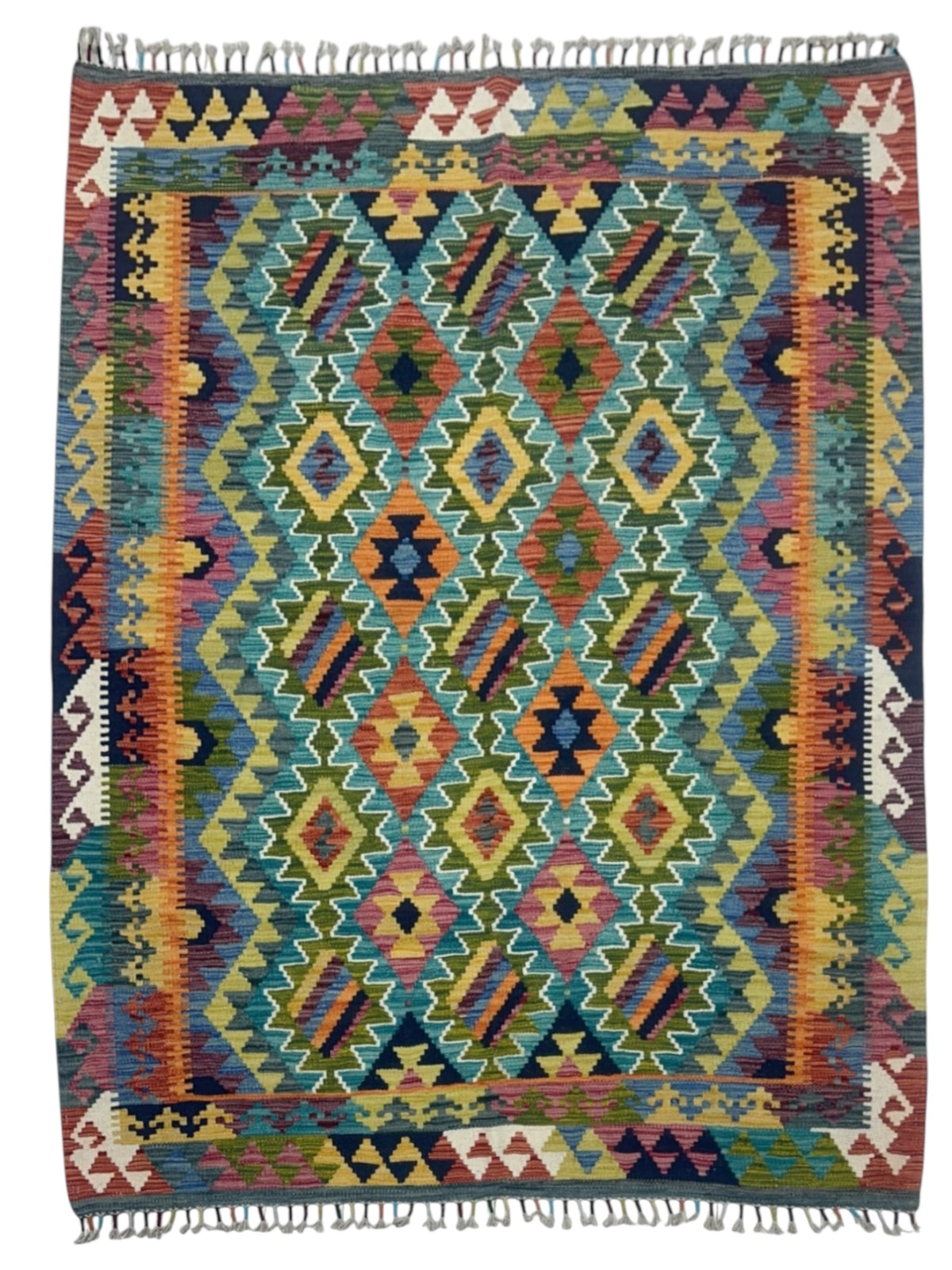 Afghan Kilim Rug 5x6, Teal, Gold & Rust, Hand-Woven Wool Flatweave