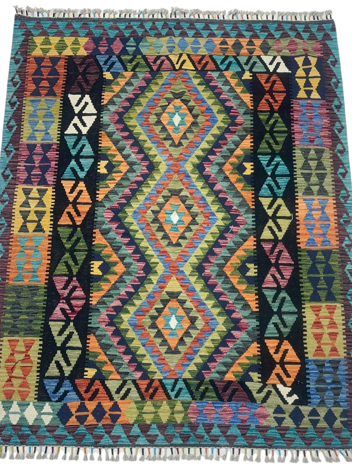 Afghan Kilim Rug 5x7, Teal, Black & Pink, Hand-Woven Wool Flatweave, view 2