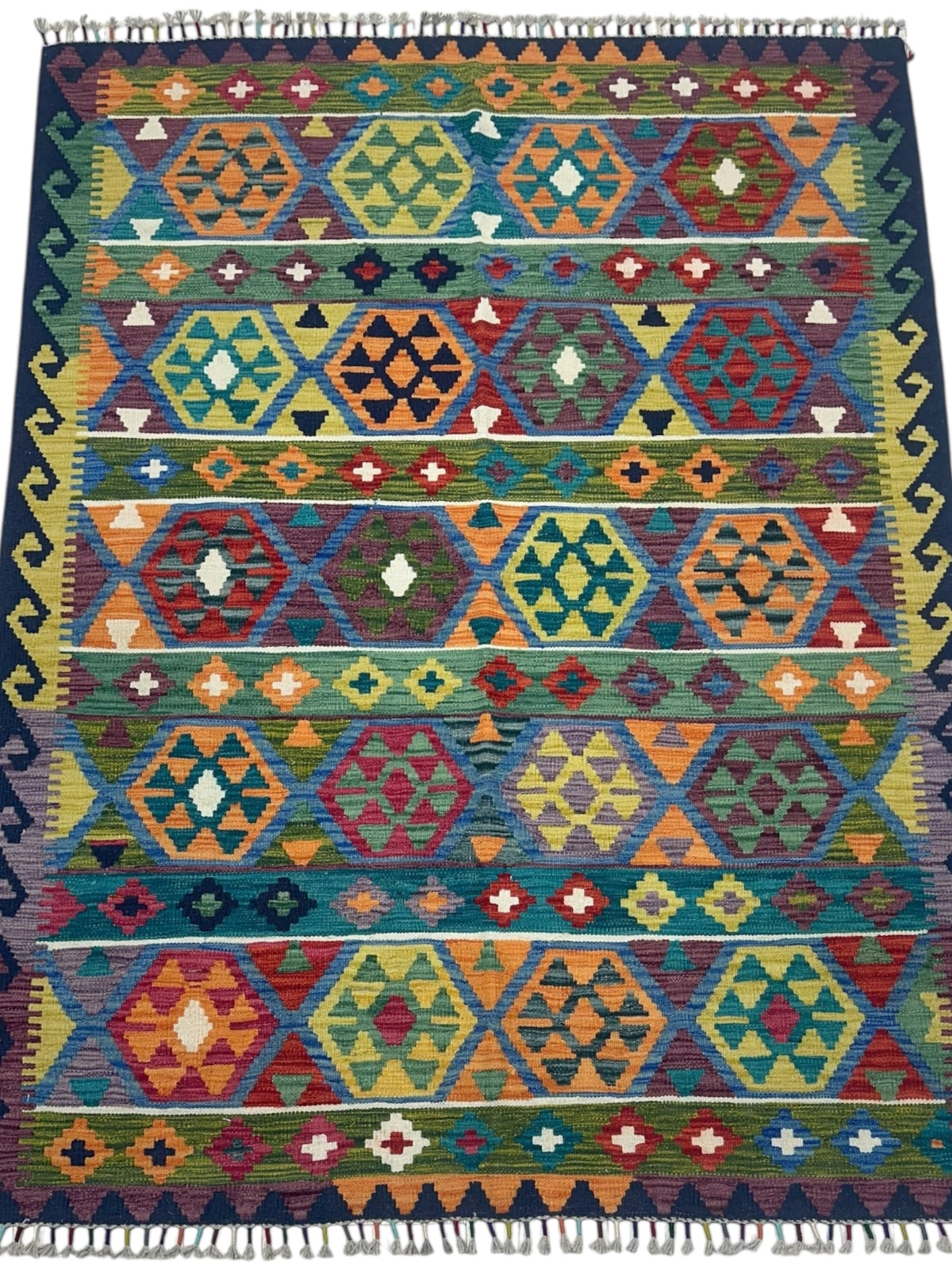 Afghan Kilim Rug 5x7, Navy, Orange & Olive Green, Hand-Woven Wool Flatweave, view 2