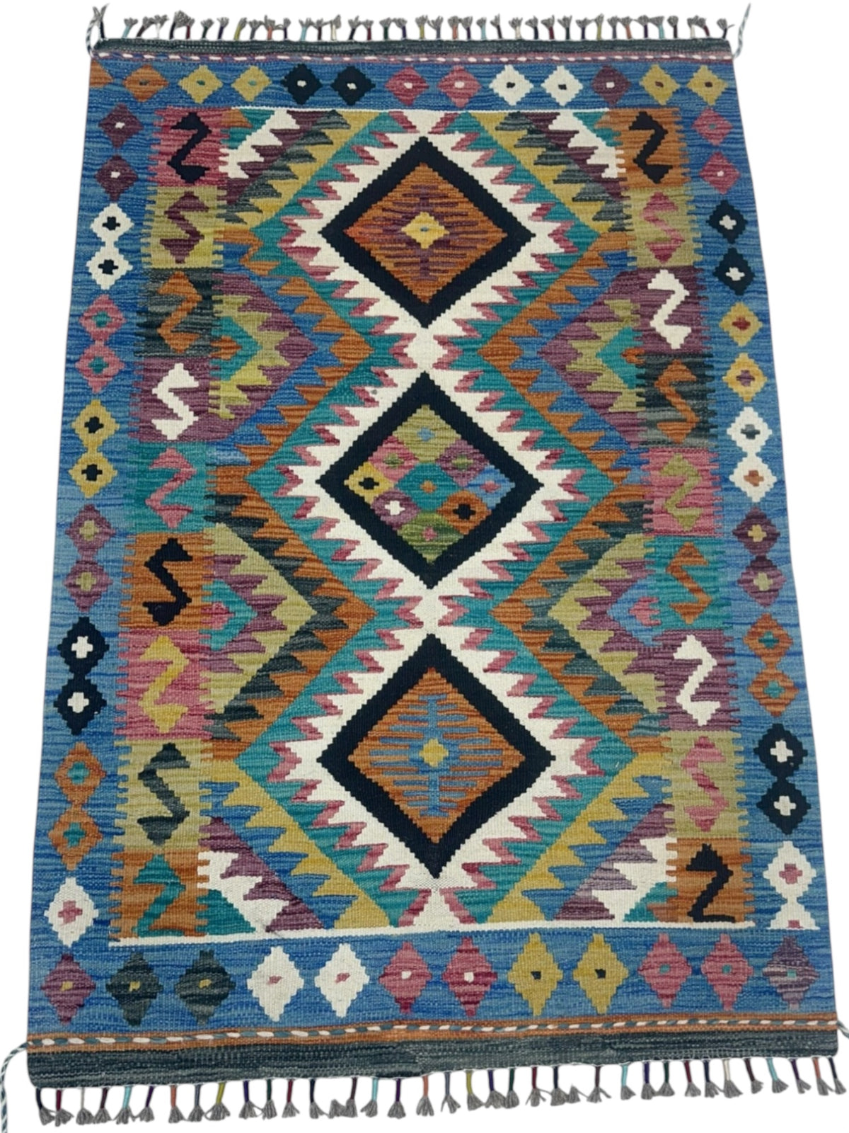Afghan Kilim Rug 3x5, Blue, Ivory & Black, Hand-Woven Wool Flatweave, view 2