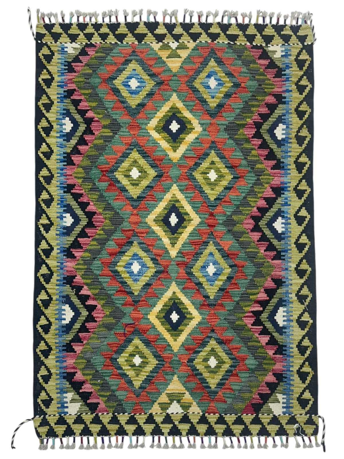 Afghan Kilim Rug 4x5, Olive Green, Rust & Black, Hand-Woven Wool Flatweave