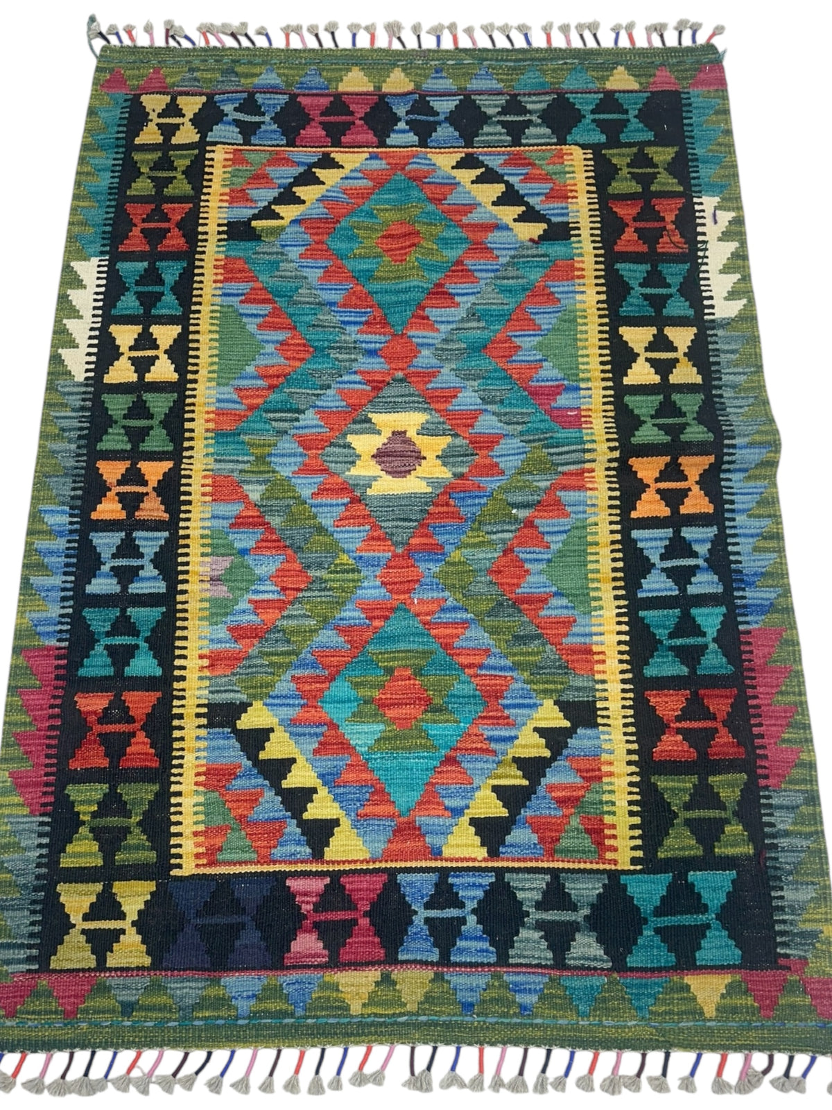 Afghan Kilim Rug 4x5, Black, Teal & Green, Hand-Woven Wool Flatweave, view 2