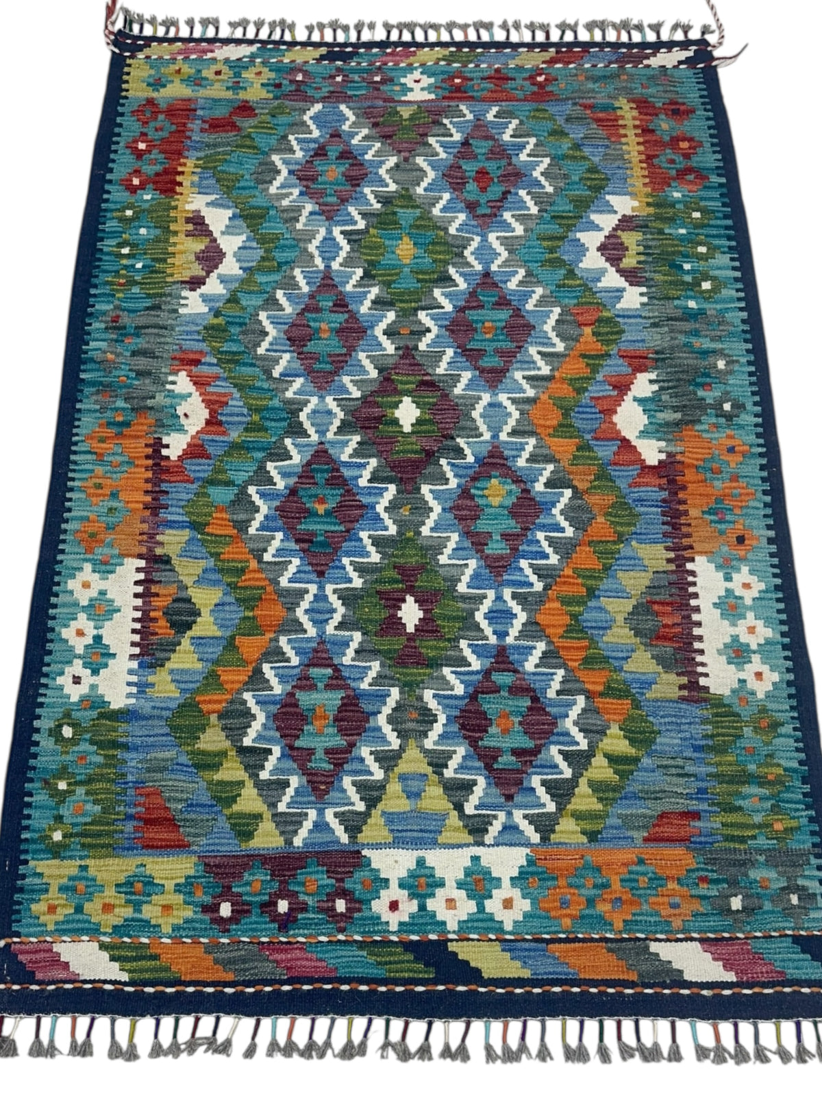 Afghan Kilim Rug 4x5, Teal, Blue & Green, Hand-Woven Wool Flatweave, view 2