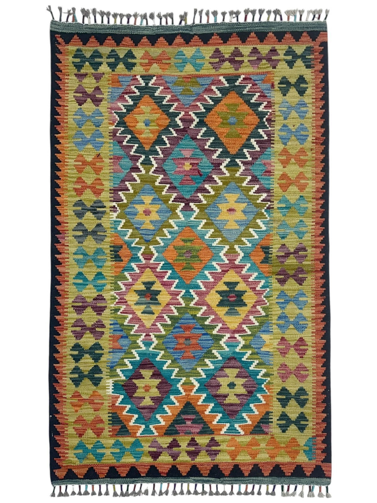Afghan Kilim Rug 3x5, Orange, Teal & Gold, Hand-Woven Wool Flatweave