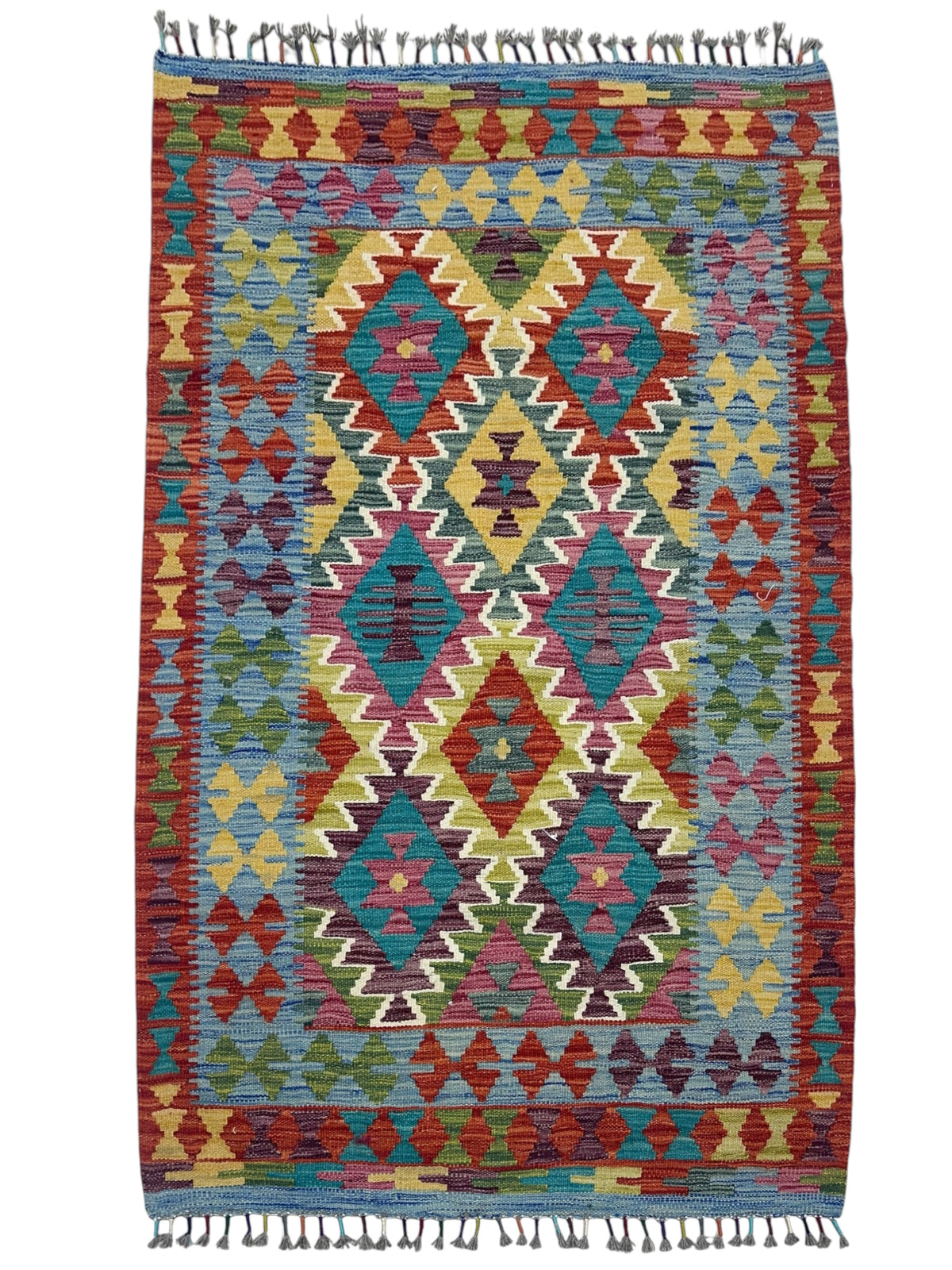 Afghan Kilim Rug 3x5, Rust, Teal & Gold, Hand-Woven Wool Flatweave