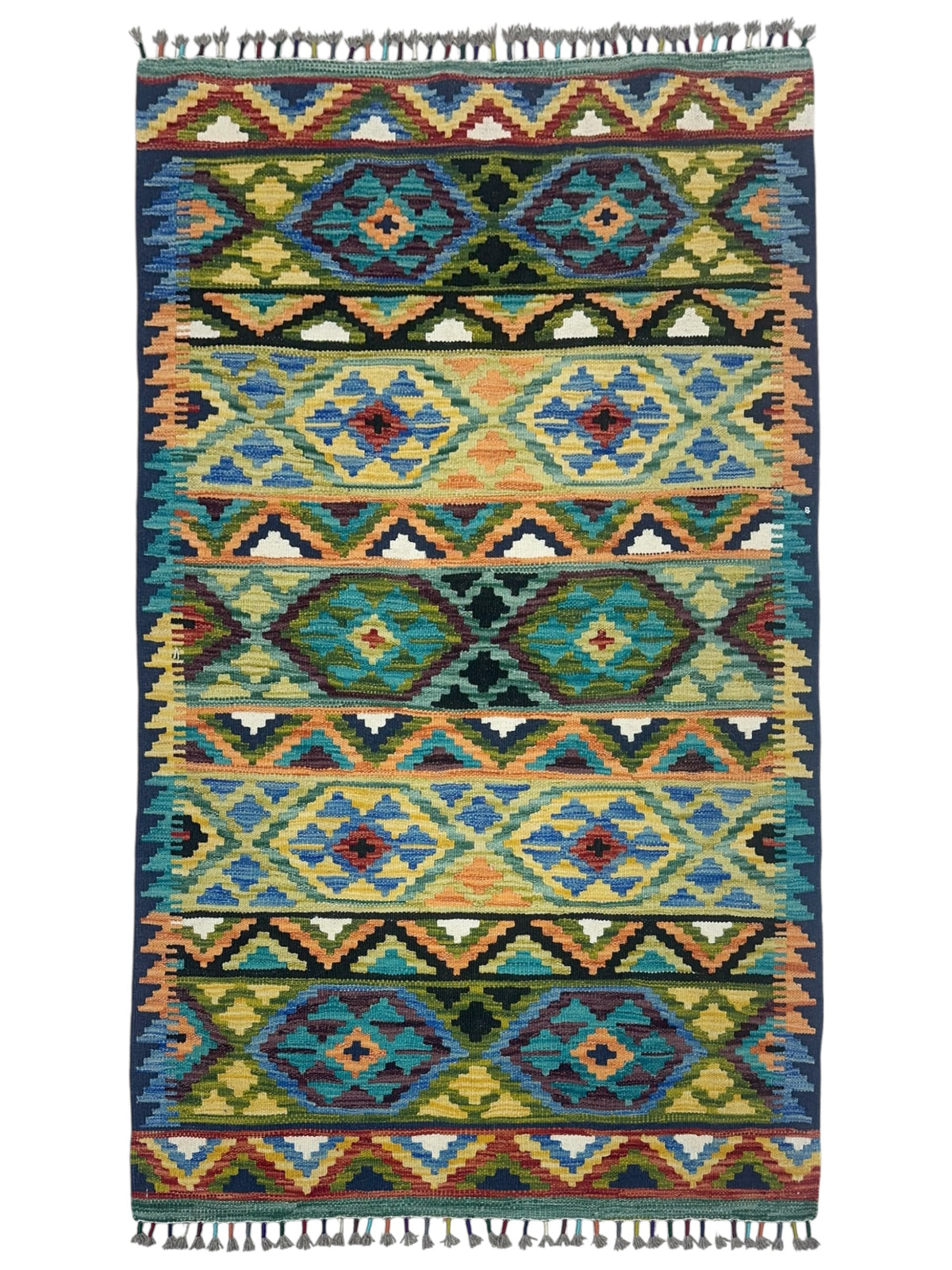 Afghan Kilim Rug 3x5, Teal, Gold & Green, Striped Wool Flatweave