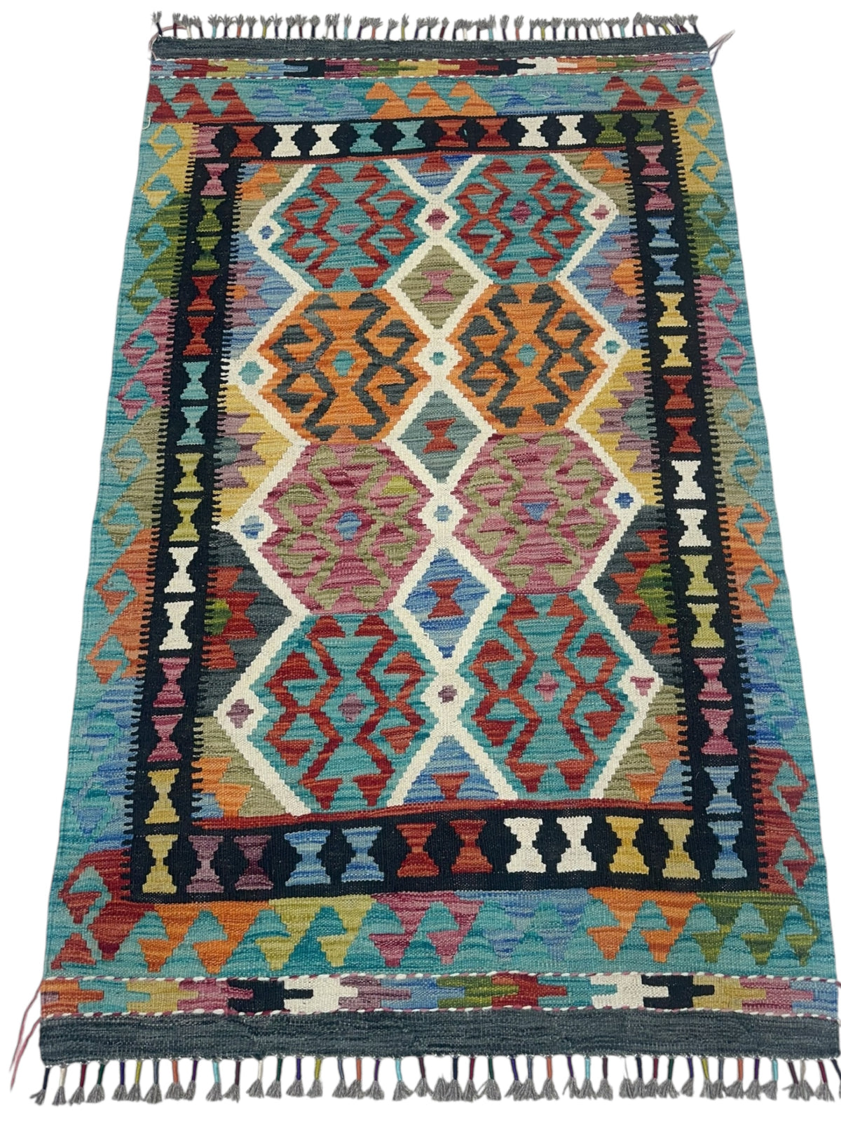 Afghan Kilim Rug 3x5, Teal, Orange & Ivory, Hand-Woven Wool Flatweave, view 2