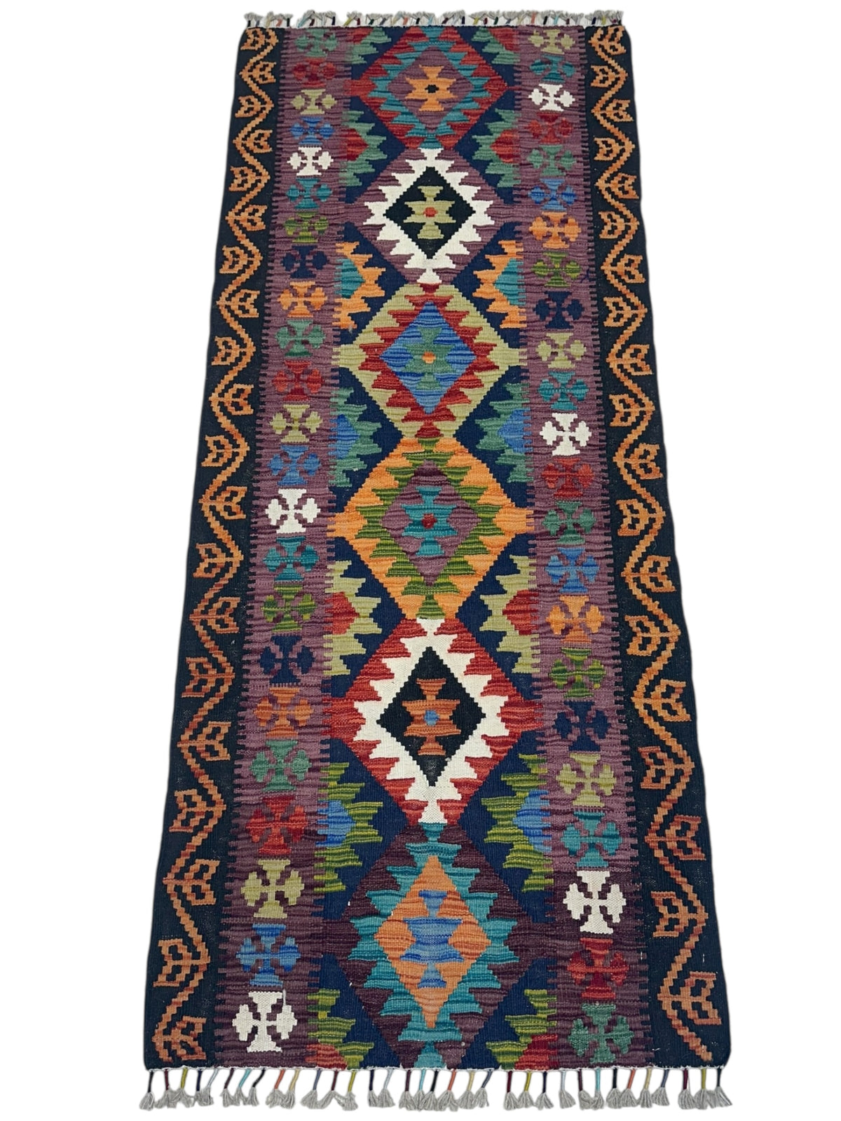 Afghan Kilim Runner 3x6, Black, Red & Orange, Hand-Woven Wool Flatweave, view 2