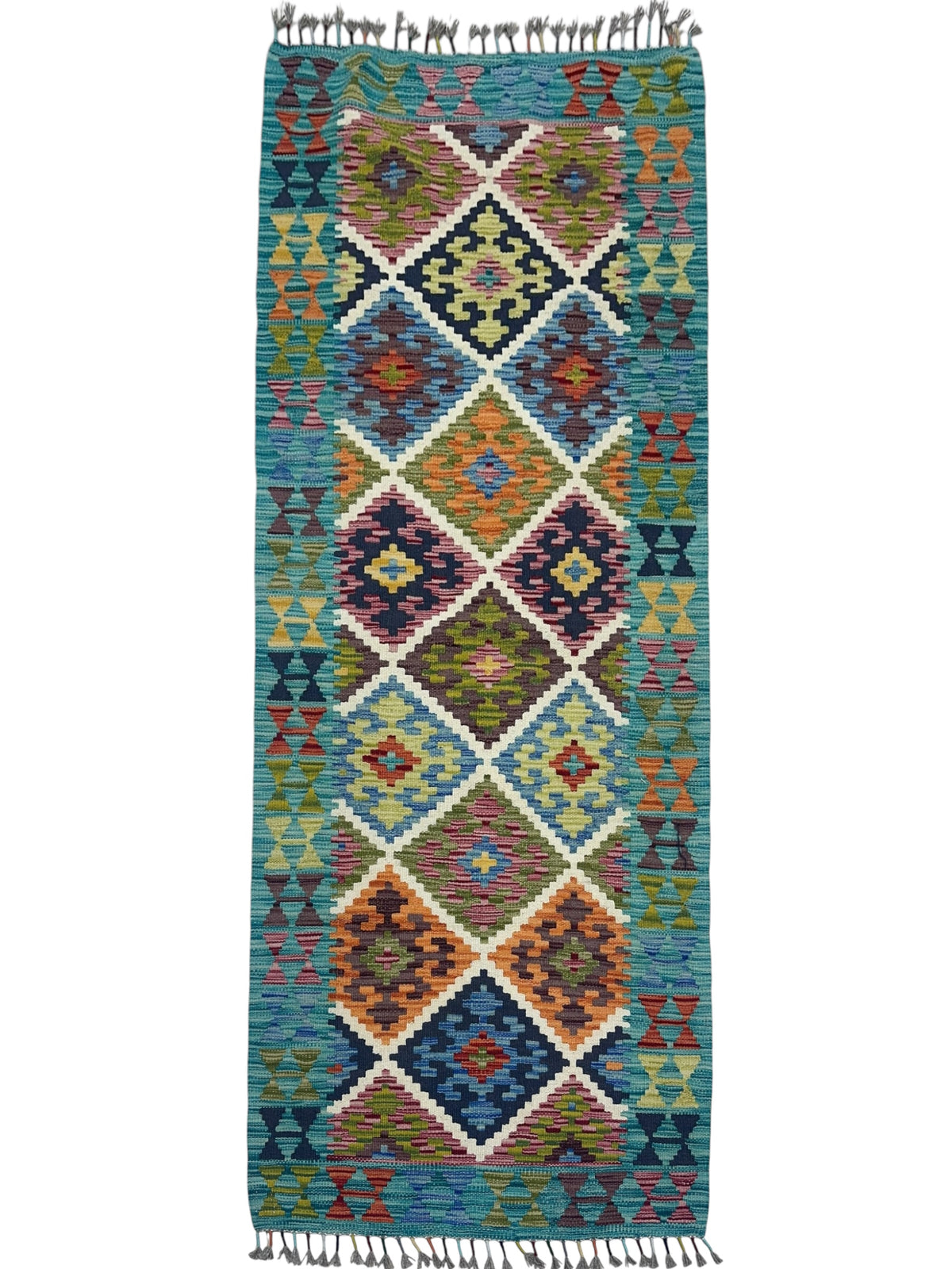 Afghan Kilim Runner 3x6, Teal, Olive Green & Orange, Hand-Woven Wool Flatweave