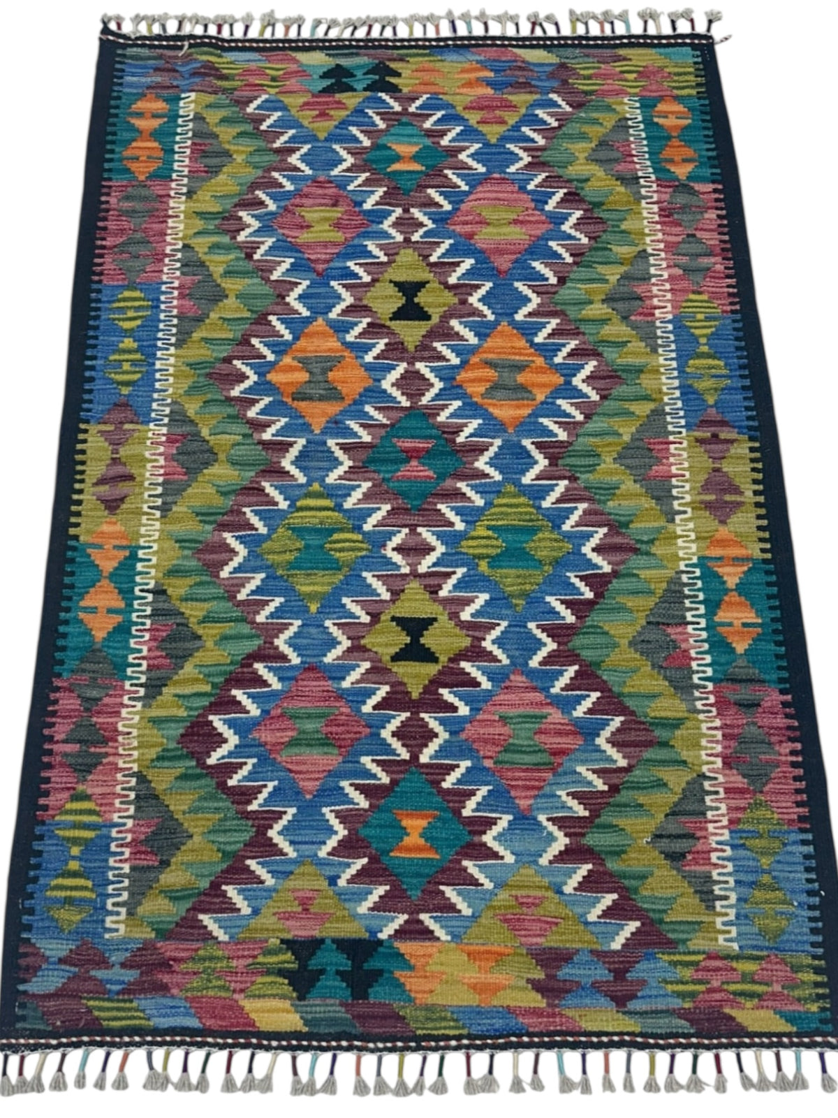 Afghan Kilim Rug 3x5, Green, Blue & Pink, Hand-Woven Wool Flatweave, view 2