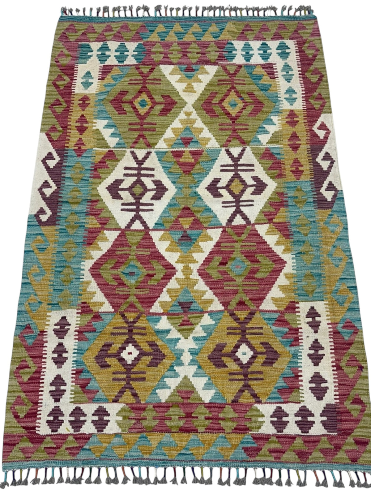 Afghan Kilim Rug 3x5, Red, Olive Green & Ivory, Hand-Woven Wool Flatweave, view 2