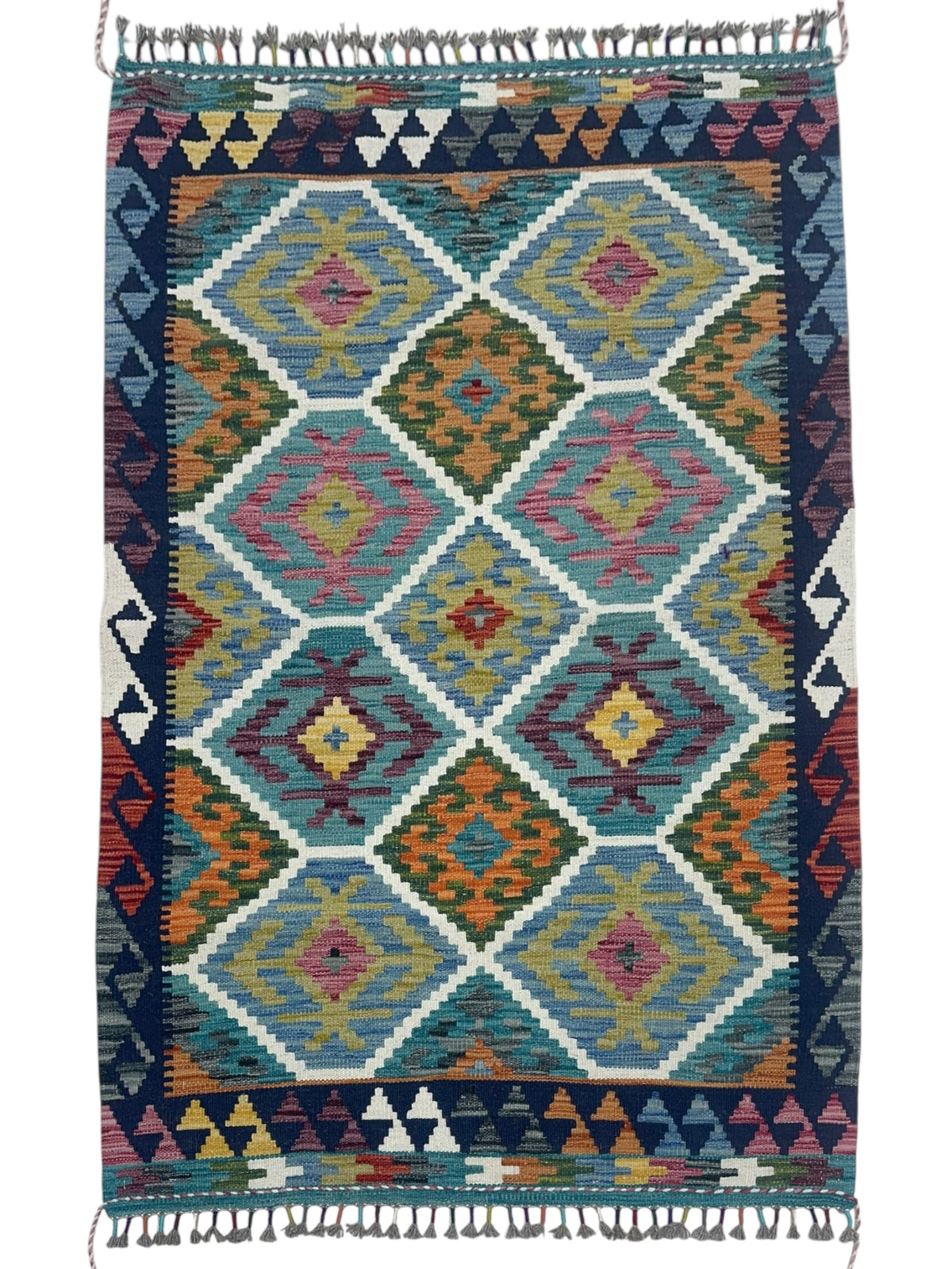 Afghan Kilim Rug 3x5, Blue, Navy & Orange, Hand-Woven Wool Flatweave