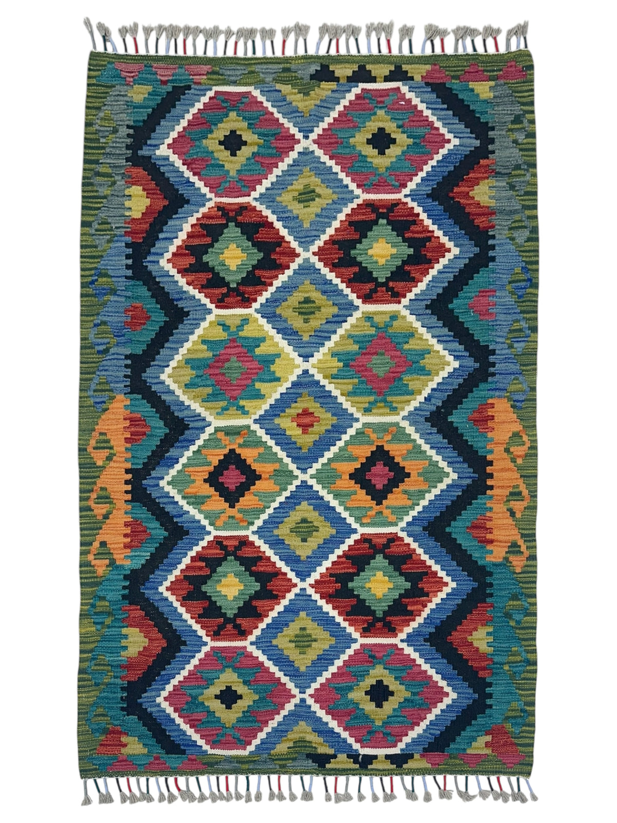 Afghan Kilim Rug 3x5, Green, Teal & Red, Hand-Woven Wool Flatweave