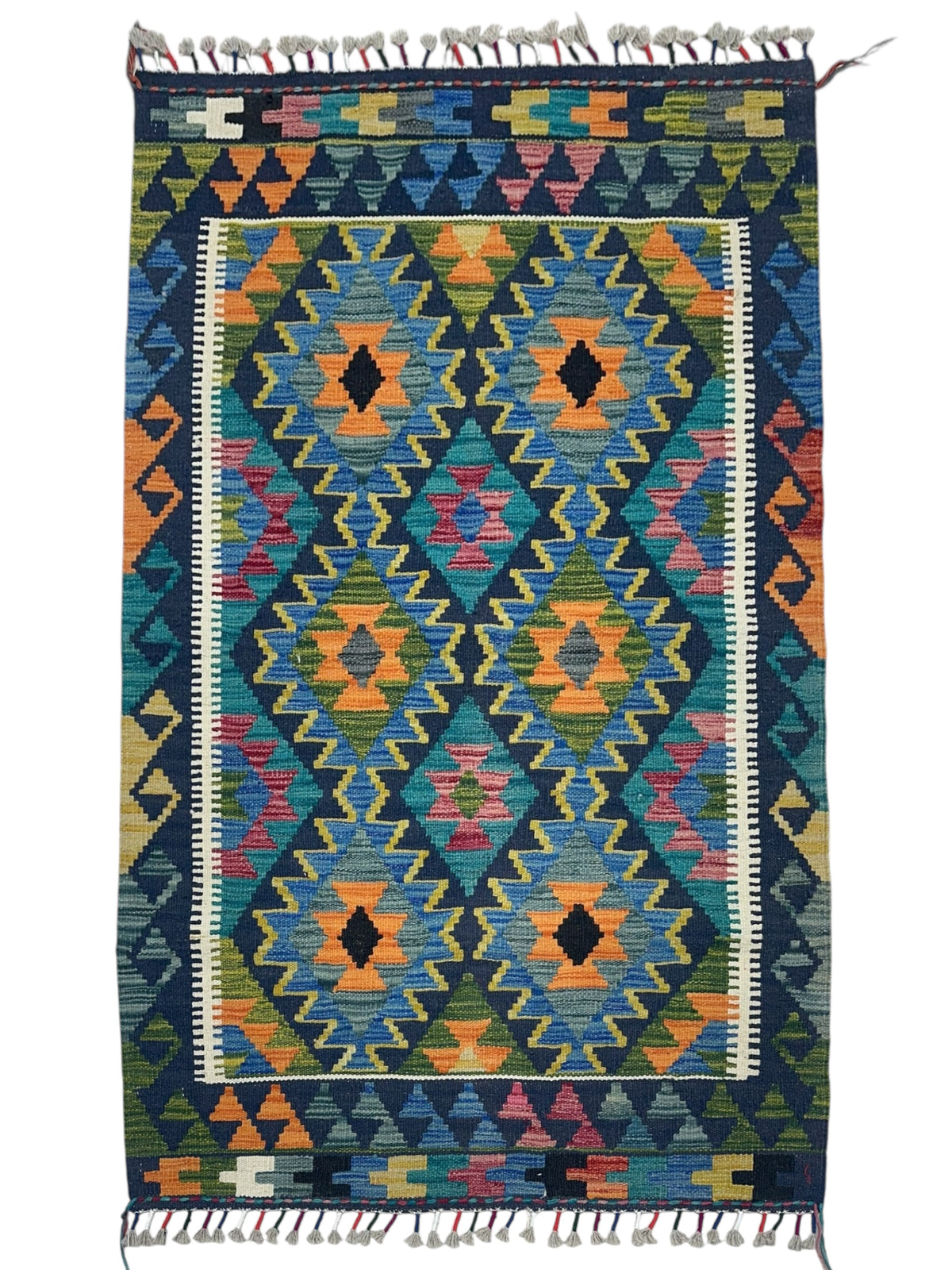 Afghan Kilim Rug 3x5, Green, Blue & Orange, Hand-Woven Wool Flatweave