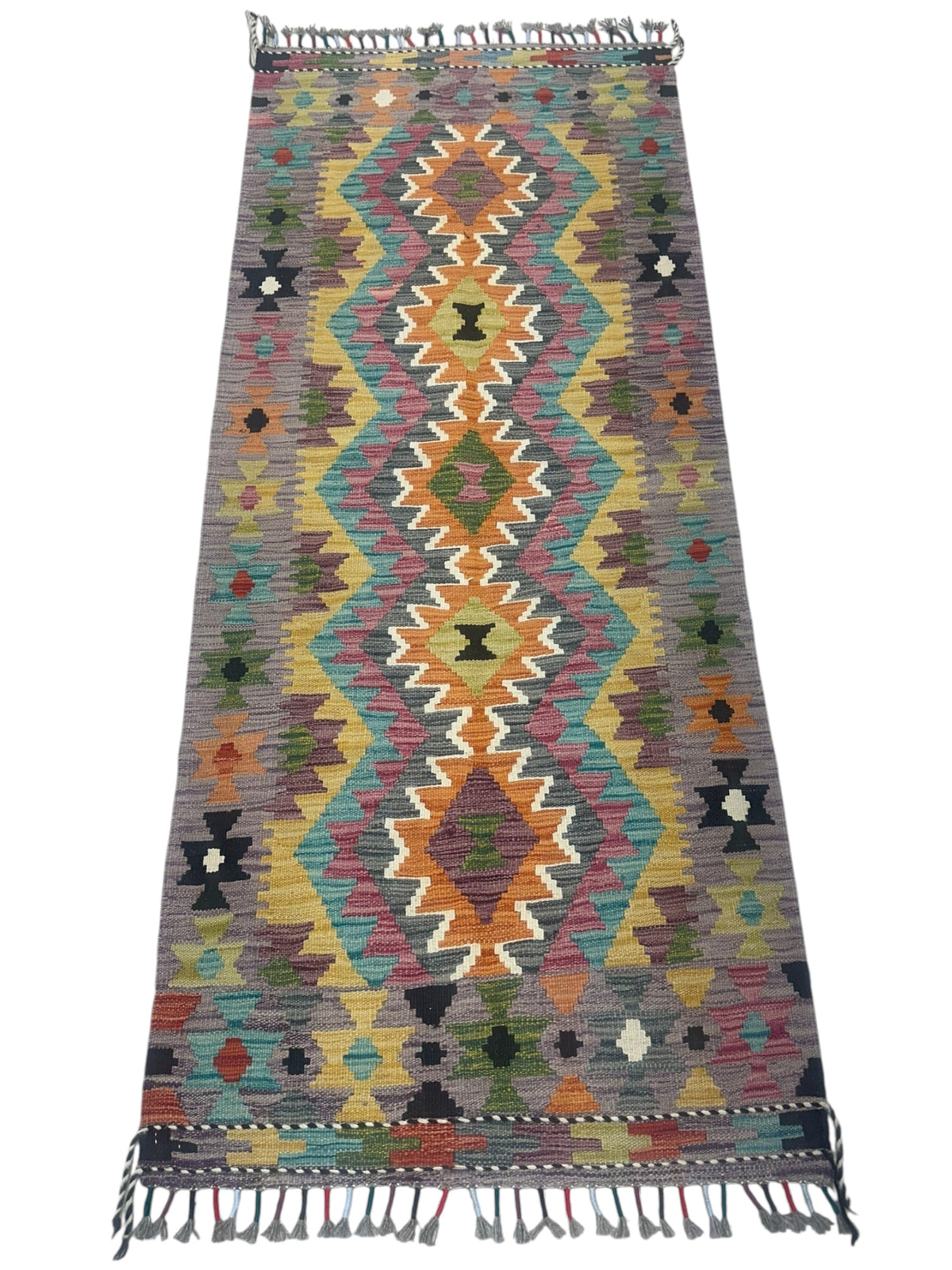 Afghan Kilim Runner 3x6, Purple, Orange & Gold, Hand-Woven Wool Flatweave, view 2
