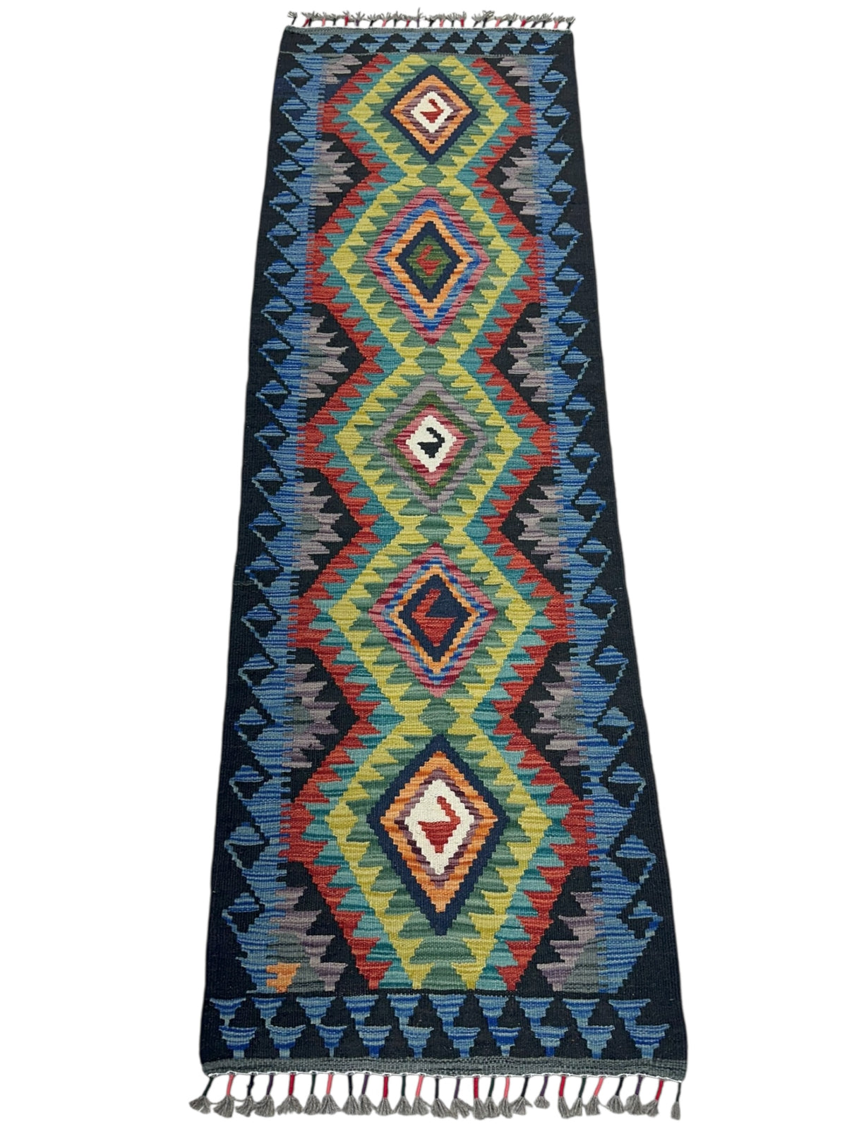 Afghan Kilim Runner 2x7, Navy, Olive Green & Blue, Hand-Woven Wool Flatweave, view 2