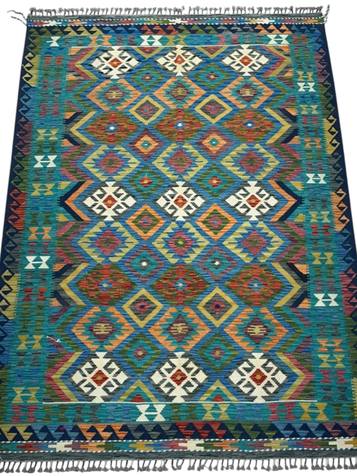 Afghan Kilim Rug 6x8, Teal, Brown & Orange, Hand-Woven Wool Flatweave, view 2