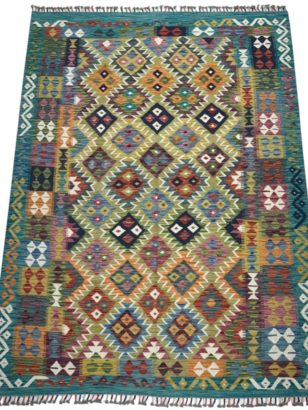 Afghan Kilim Rug 6x8, Gold, Teal & Orange, Hand-Woven Wool Flatweave, view 2