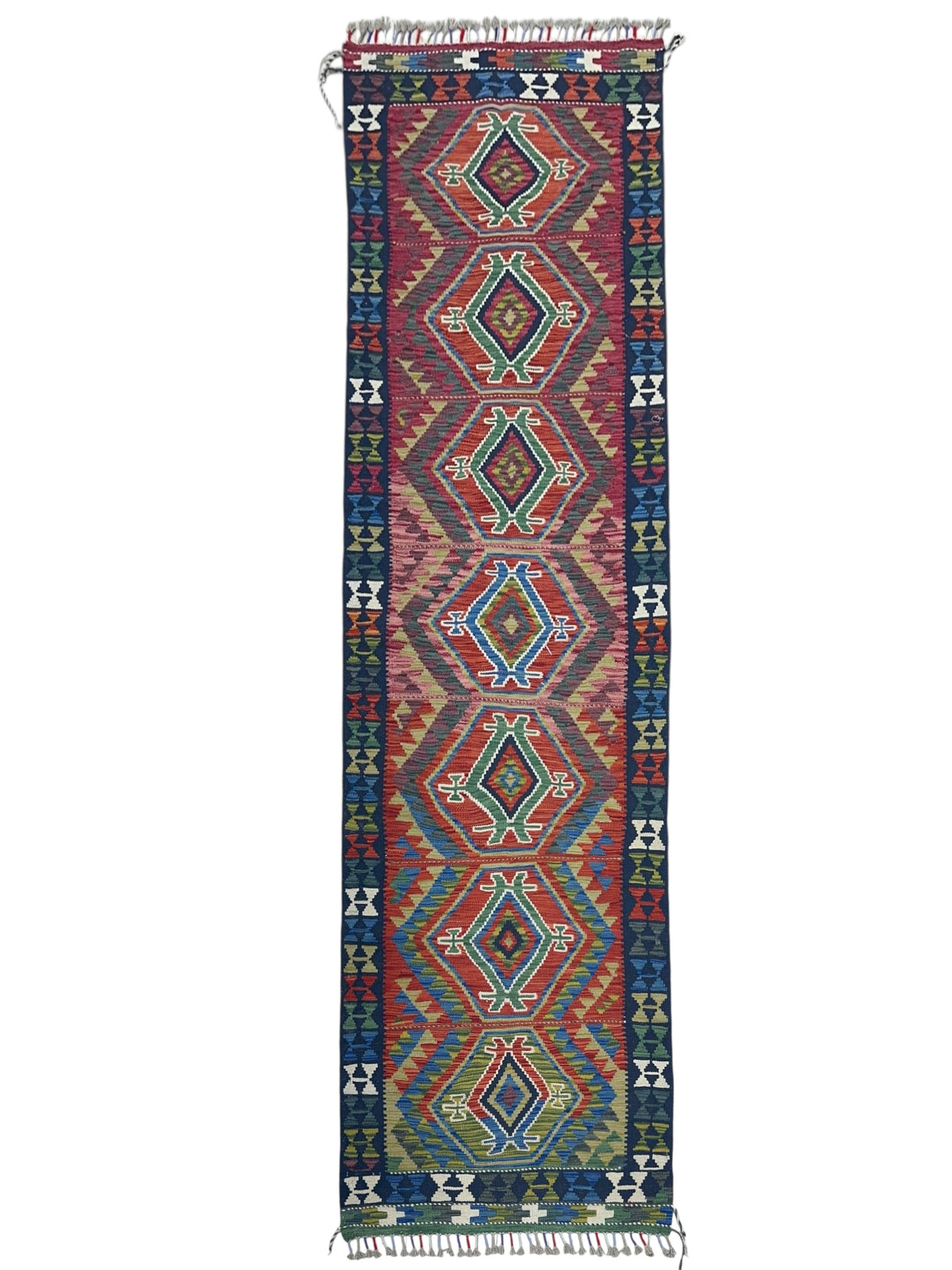 Afghan Kilim Rug 3x4, Rust, Navy & Pink, Hand-Woven Wool Flatweave