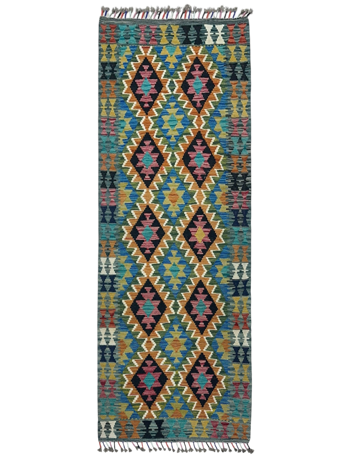 Afghan Kilim Runner 3x7, Teal, Olive Green & Rust, Hand-Woven Wool Flatweave