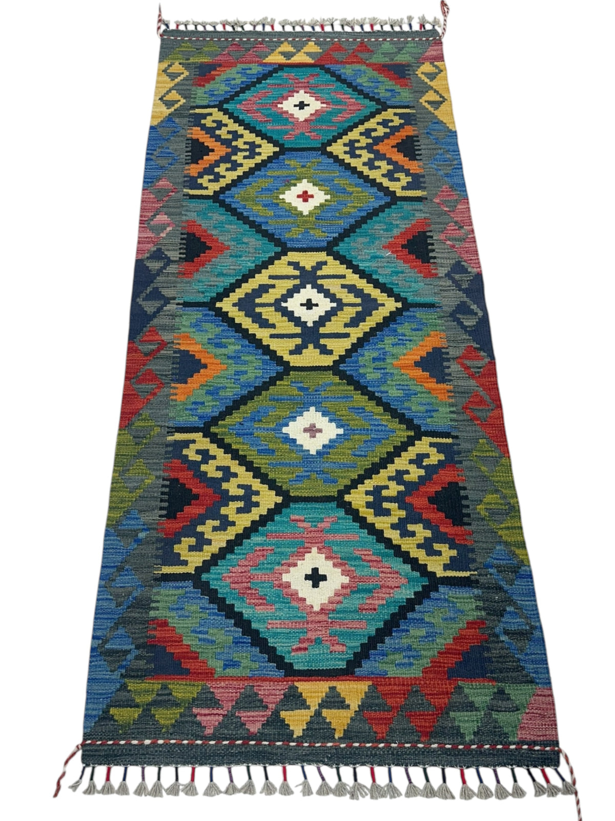 Afghan Kilim Runner 3x6, Teal, Olive Green & Gold, Hand-Woven Wool Flatweave, view 2