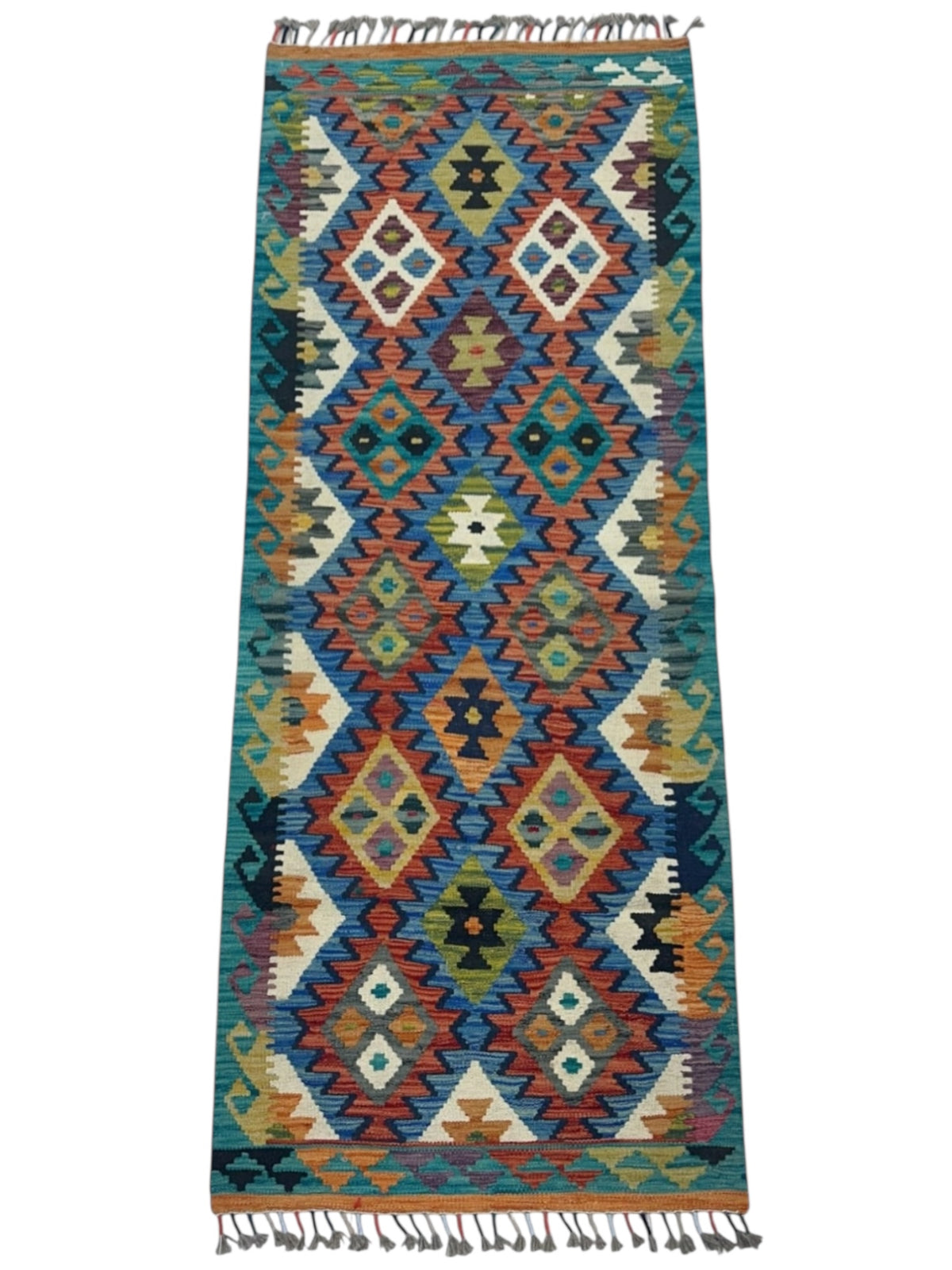 Afghan Kilim Runner 3x6, Teal, Rust & Navy, Hand-Woven Wool Flatweave, view 2