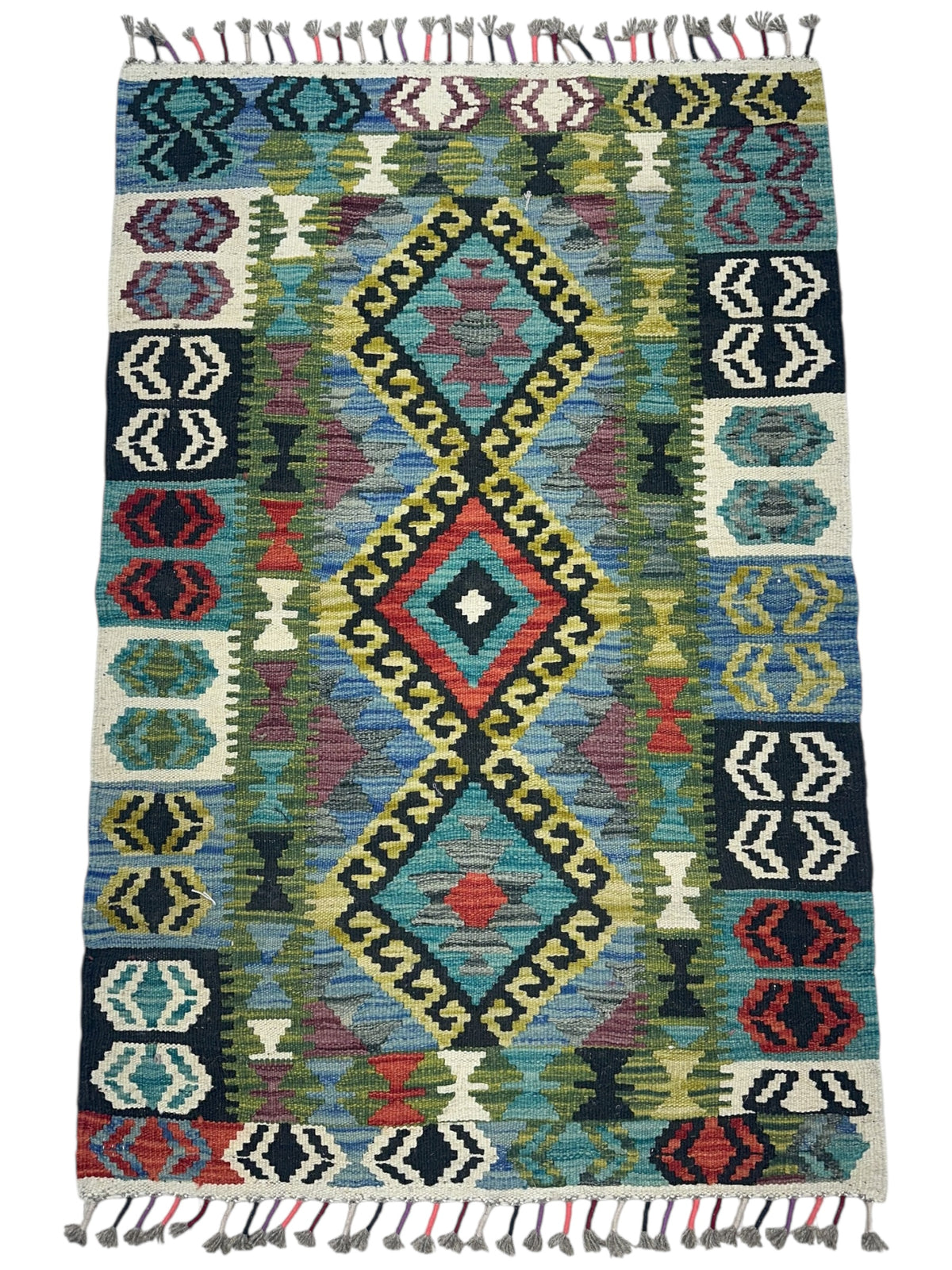 Afghan Kilim Rug 3x4, Black, Blue & Teal, Hand-Woven Wool Flatweave, view 2