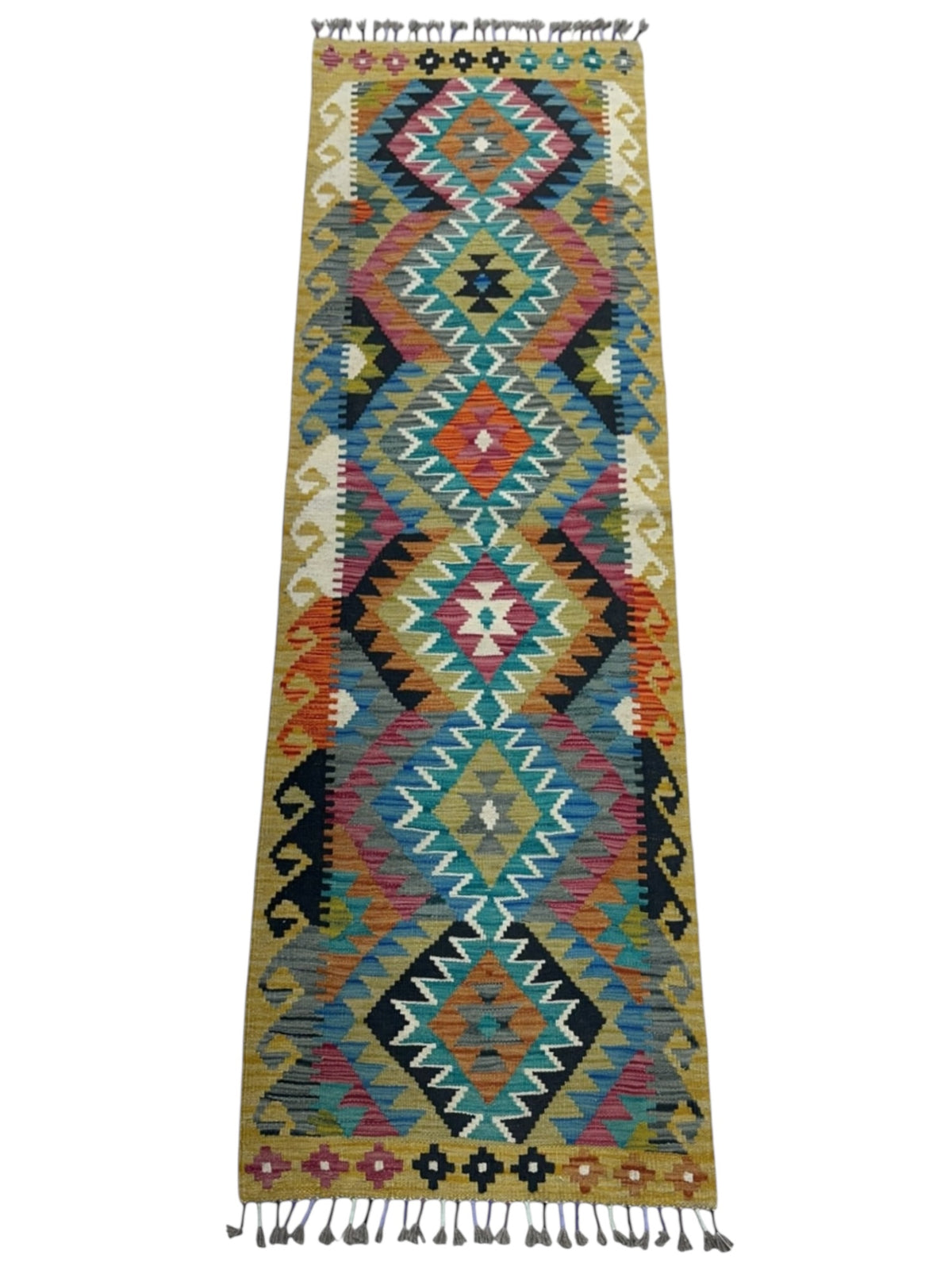 Afghan Kilim Rug 3x4, Gold, Teal & Rust, Diamond Medallion Wool Flatweave, view 2
