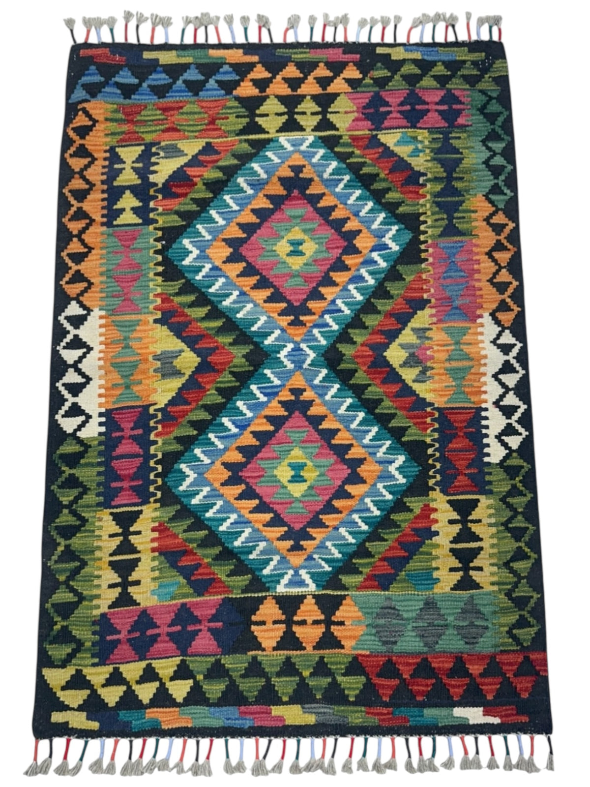 Afghan Kilim Rug 3x4, Black, Olive Green & Orange, Hand-Woven Wool Flatweave, view 2