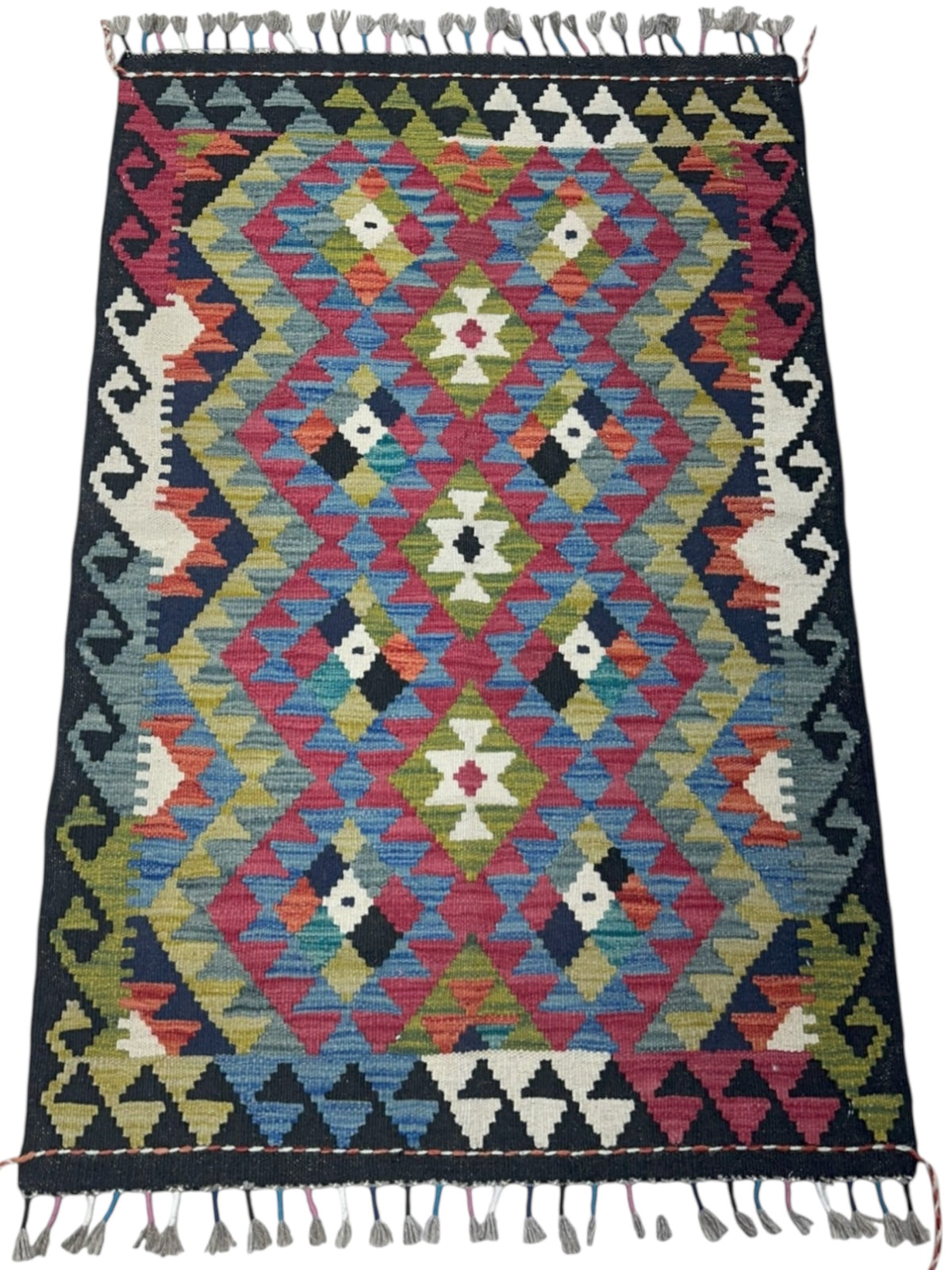 Afghan Kilim Rug 3x4, Pink, Blue & Olive Green, Hand-Woven Wool Flatweave, view 2