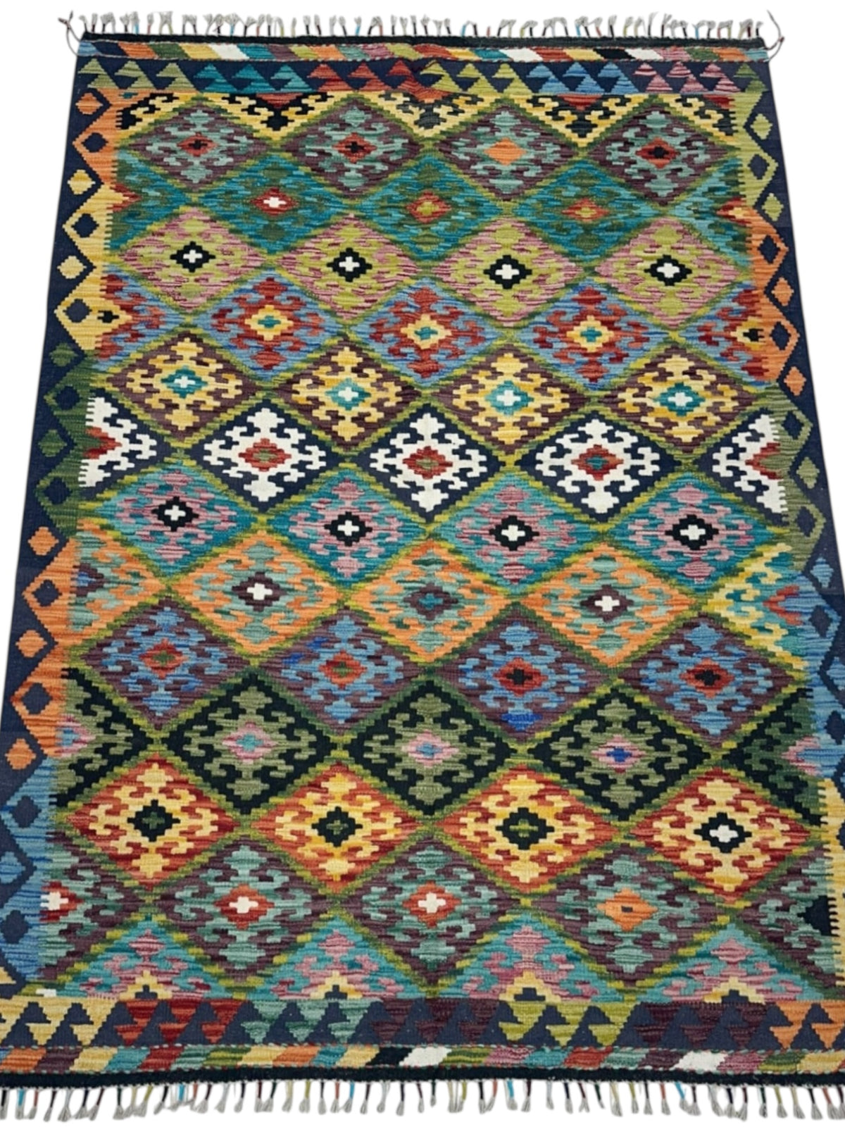 Afghan Kilim Rug 5x7, Green, Gold & Orange, Hand-Woven Wool Flatweave, view 2