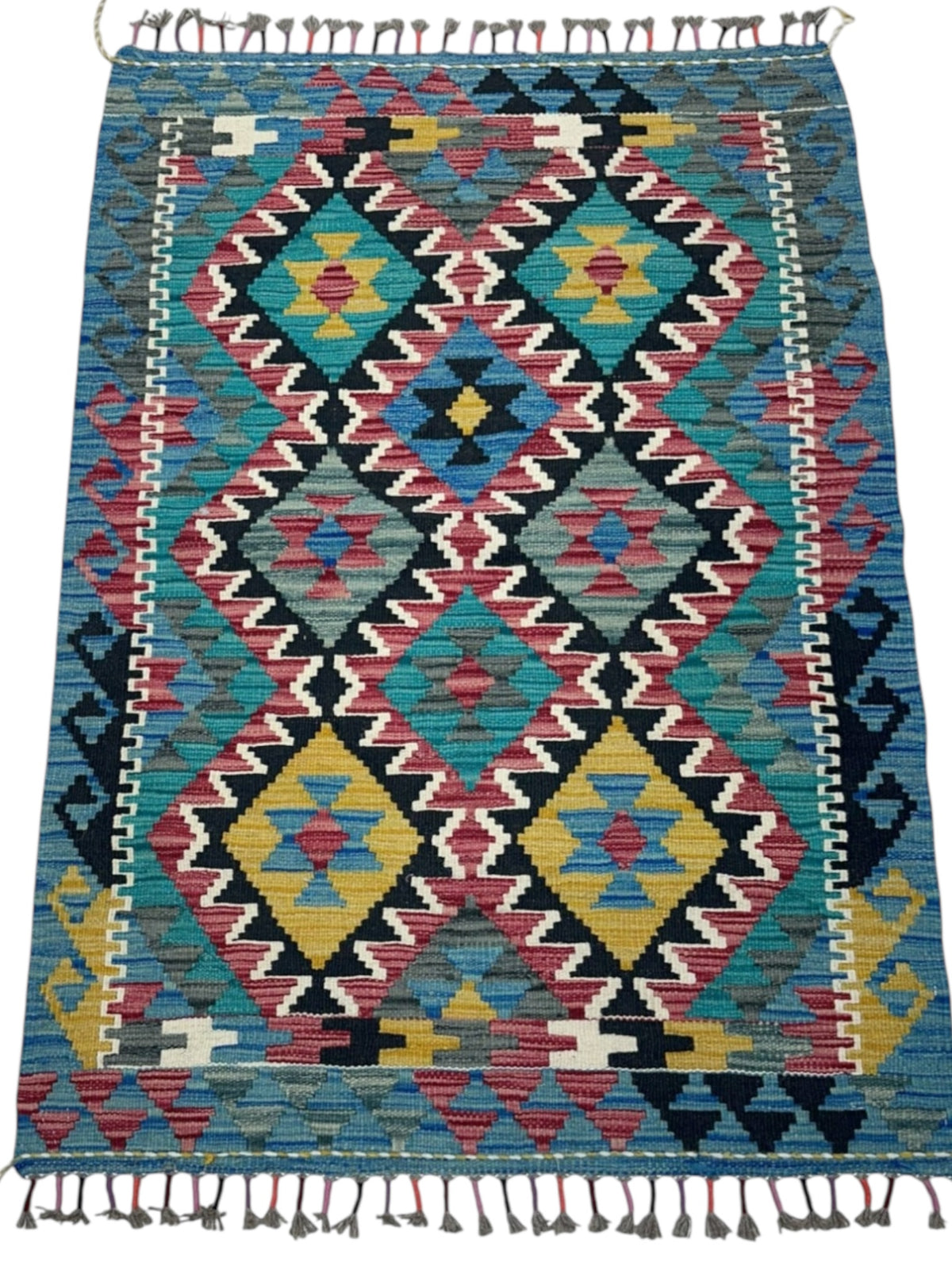 Afghan Kilim Rug 3x4, Teal, Blue & Black, Diamond Lattice Wool Flatweave, view 2