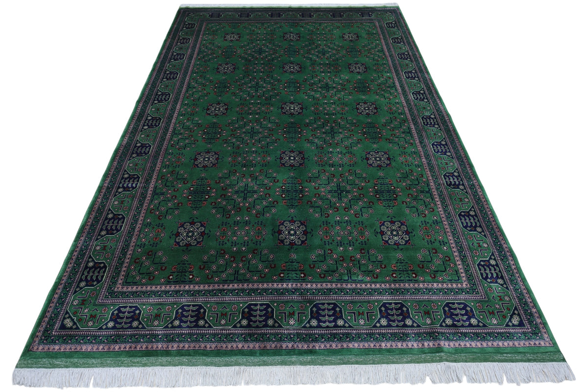 Afghan Turkmen Rug 7x10, Green, Navy & Ivory, Hand-Knotted Wool, view 2