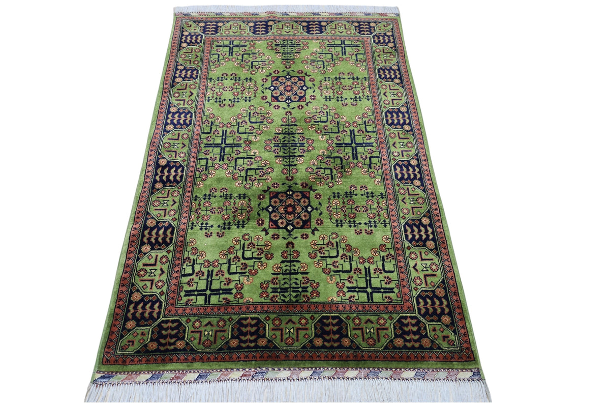 Afghan Bukhara Rug 3'4" x 5', Hand-Knotted Wool, Green, view 2