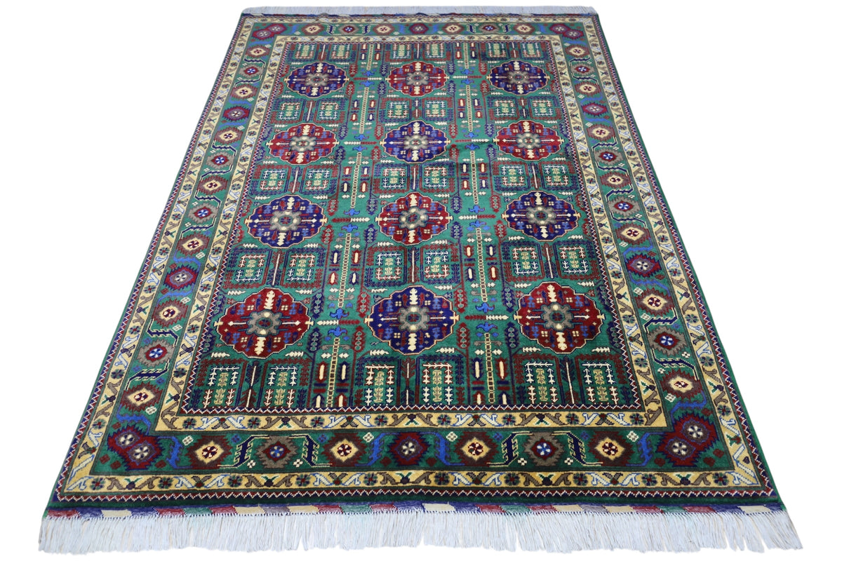 Afghan Gandom Rug 4'11" x 6'9", Hand-Knotted Wool, Cream, Gray & Red, view 2