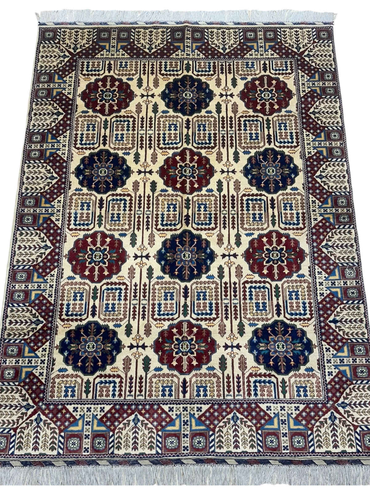 Afghan Gandom Rug 4'11" x 6'8", Hand-Knotted Wool, Blue, Cream & Red, view 2