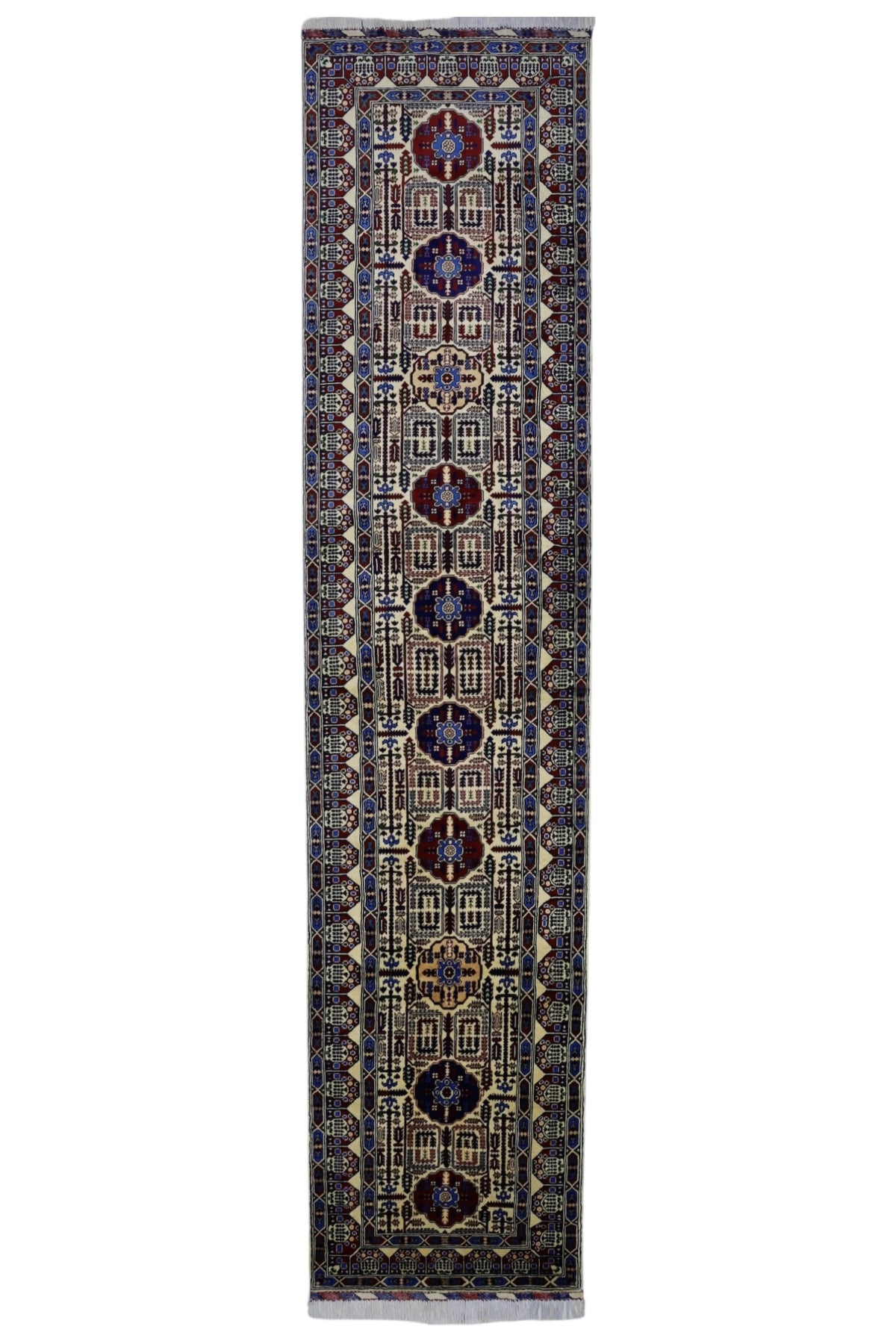 Afghan Gandom Runner 3'1" x 13'1", Hand-Knotted Wool, Blue & Cream